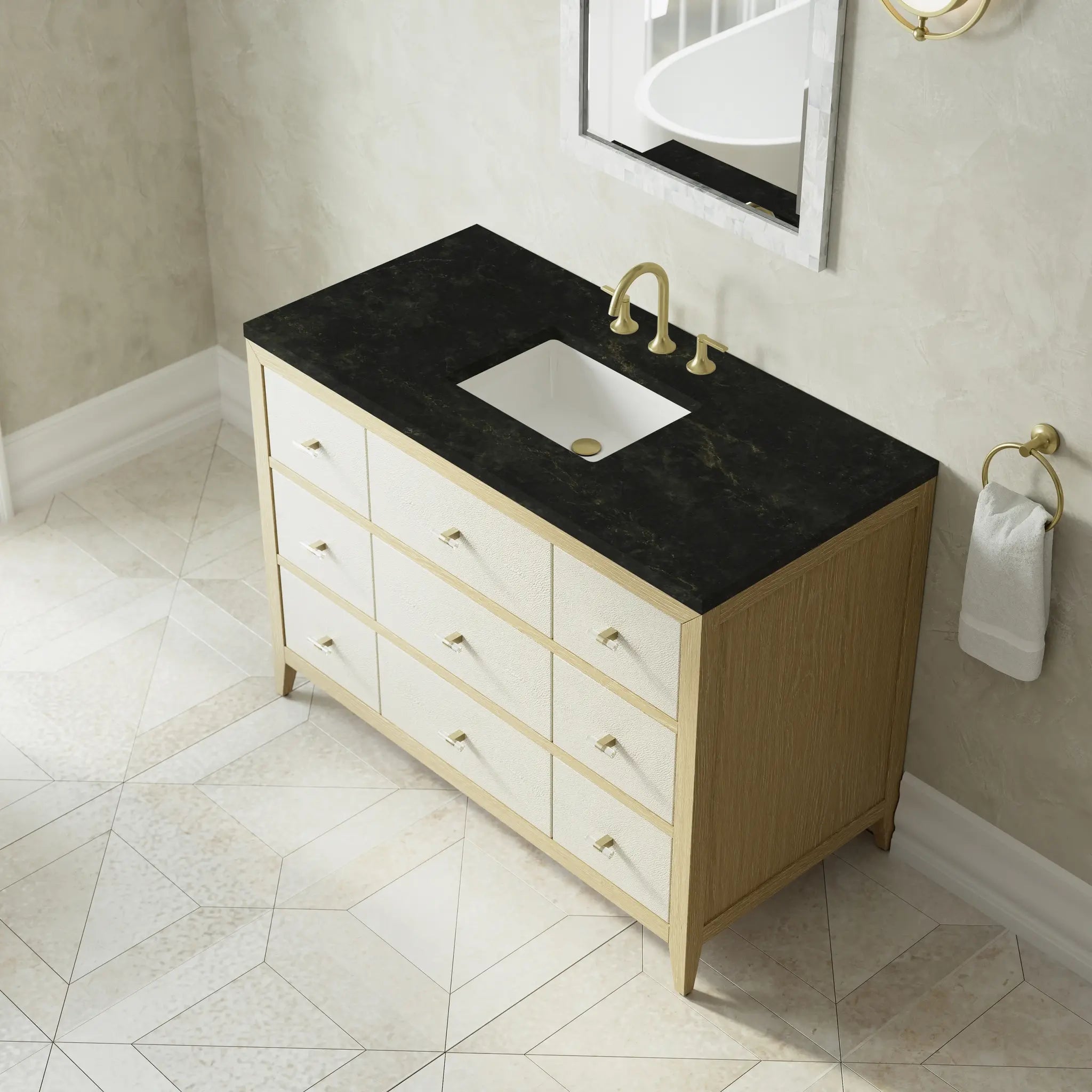 48 Celeste Single Vanity In Sunwashed Oak With Embossed Shagreen Standard Phantome Eclos 8 Widespread 7