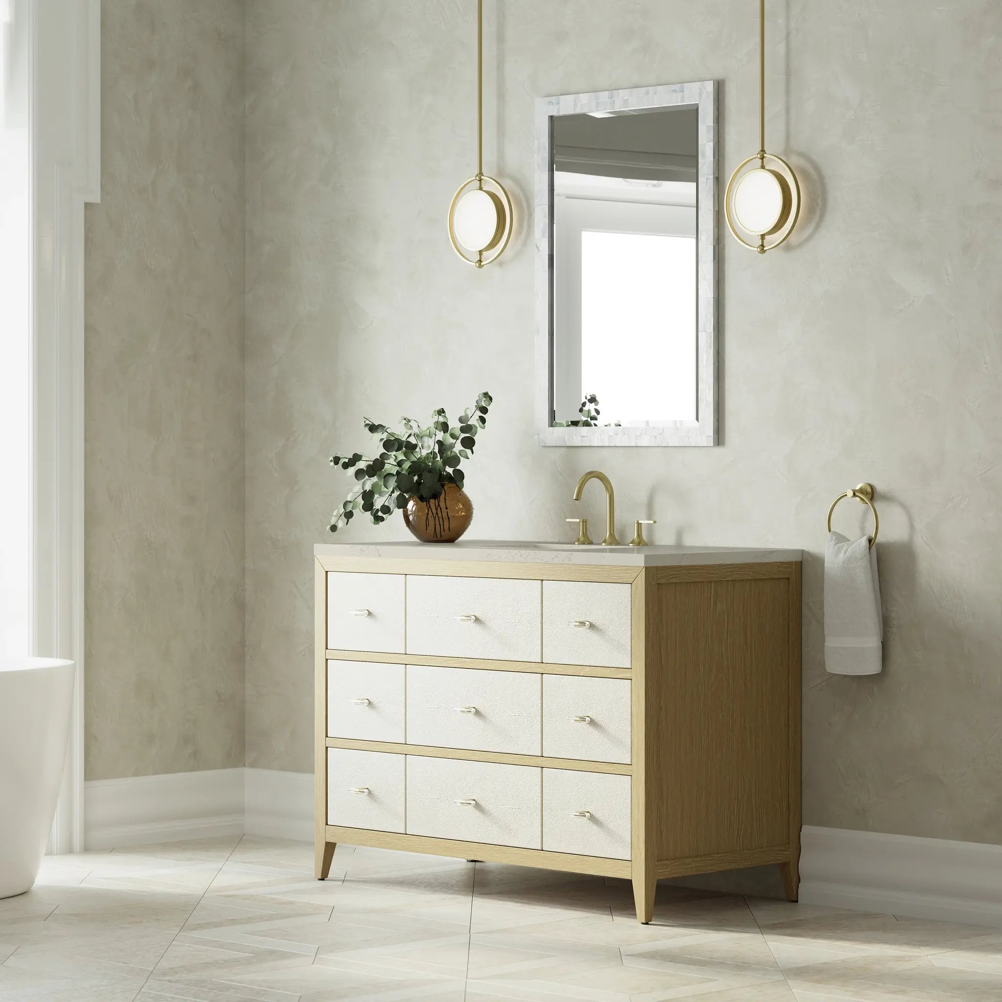 48 Celeste Single Vanity In Sunwashed Oak With Embossed Shagreen Standard Siberian Silestone 8 Widespread 4