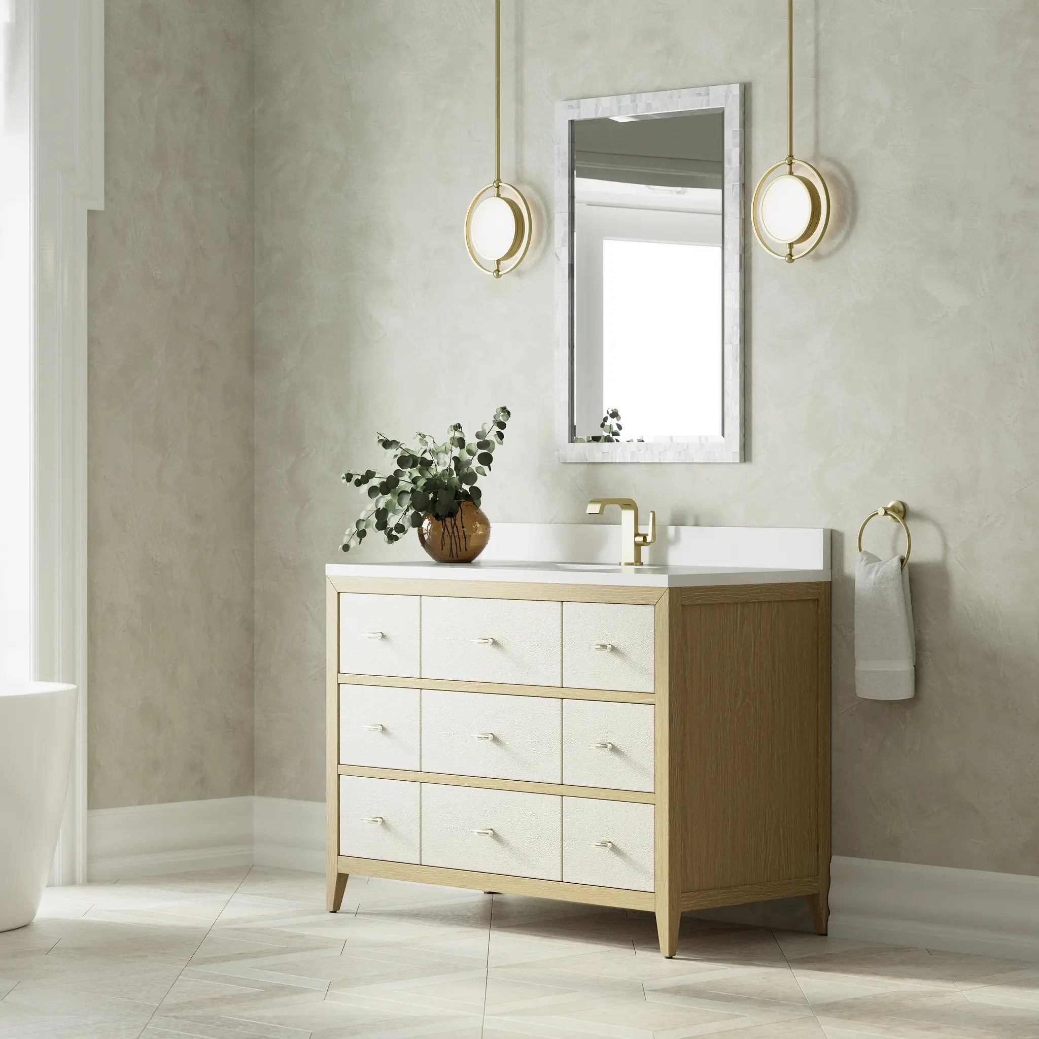 48 Celeste Single Vanity In Sunwashed Oak With Embossed Shagreen Standard White Zeus Silestone Backsplash Single Hole 4