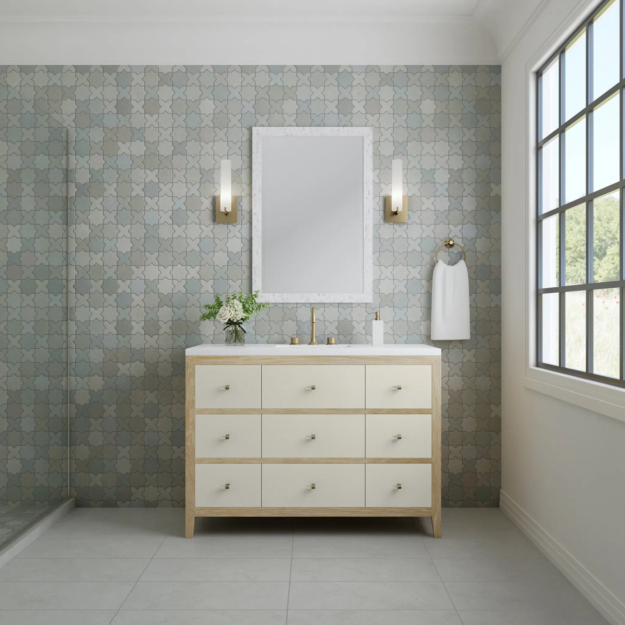 48" Celeste Single Vanity in Sunwashed Oak with Embossed Shagreen-White Zeus Silestone-8" Widespread image 2