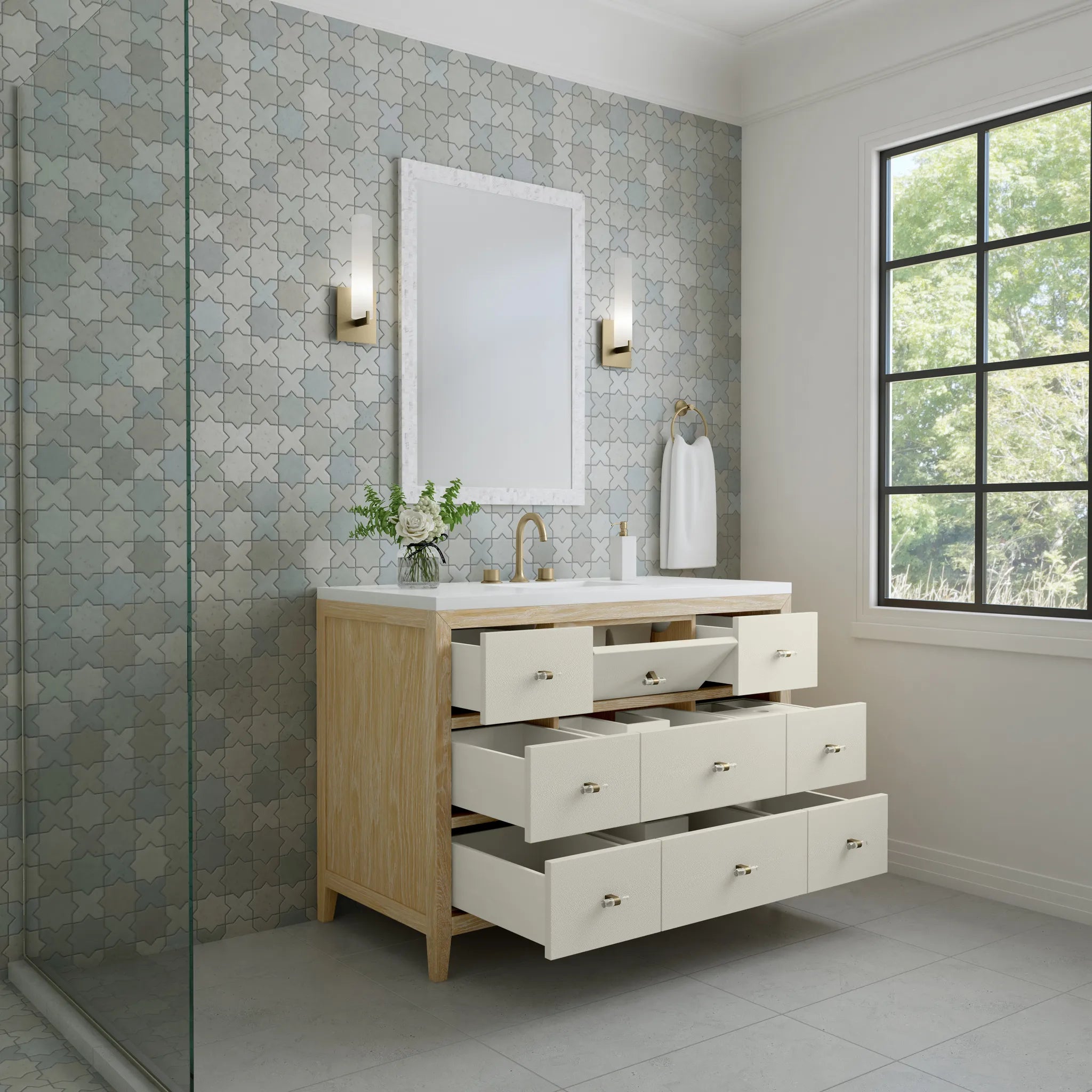 48" Celeste Single Vanity in Sunwashed Oak with Embossed Shagreen-White Zeus Silestone-8" Widespread image 4