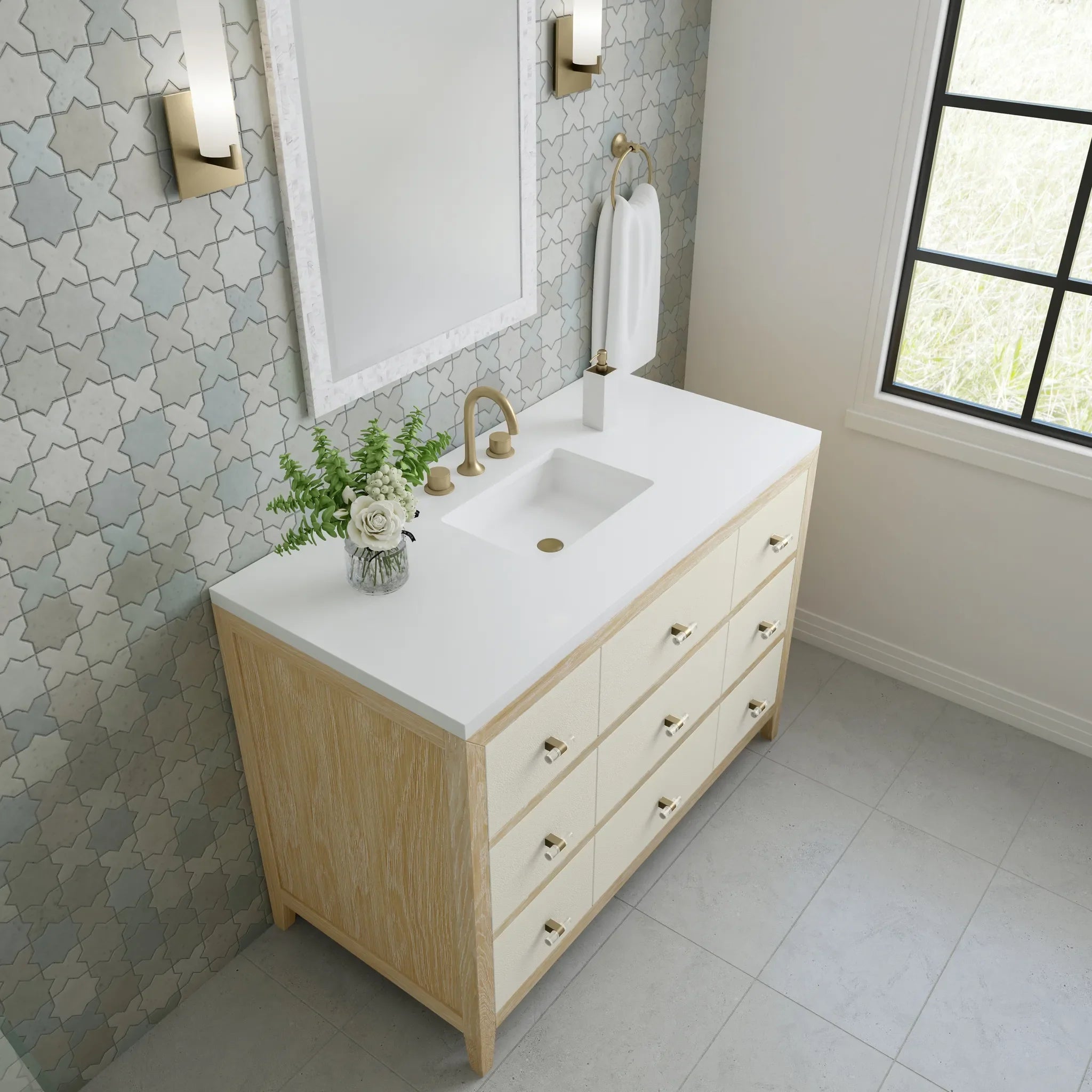 48" Celeste Single Vanity in Sunwashed Oak with Embossed Shagreen-White Zeus Silestone-8" Widespread image 6