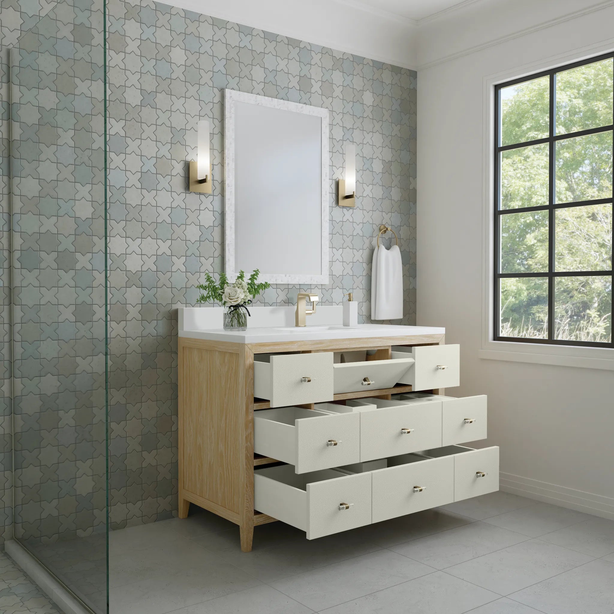 48" Celeste Single Vanity in Sunwashed Oak with Embossed Shagreen-White Zeus Silestone & Backsplash-Single Hole image 4