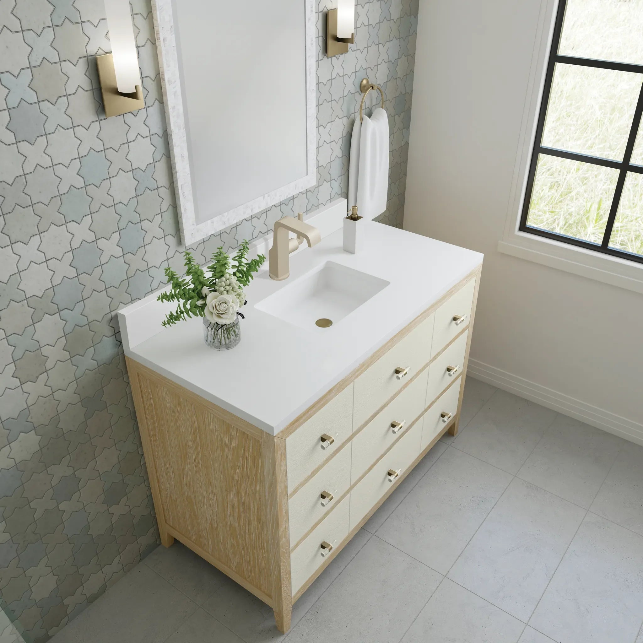 48" Celeste Single Vanity in Sunwashed Oak with Embossed Shagreen-White Zeus Silestone & Backsplash-Single Hole image 6
