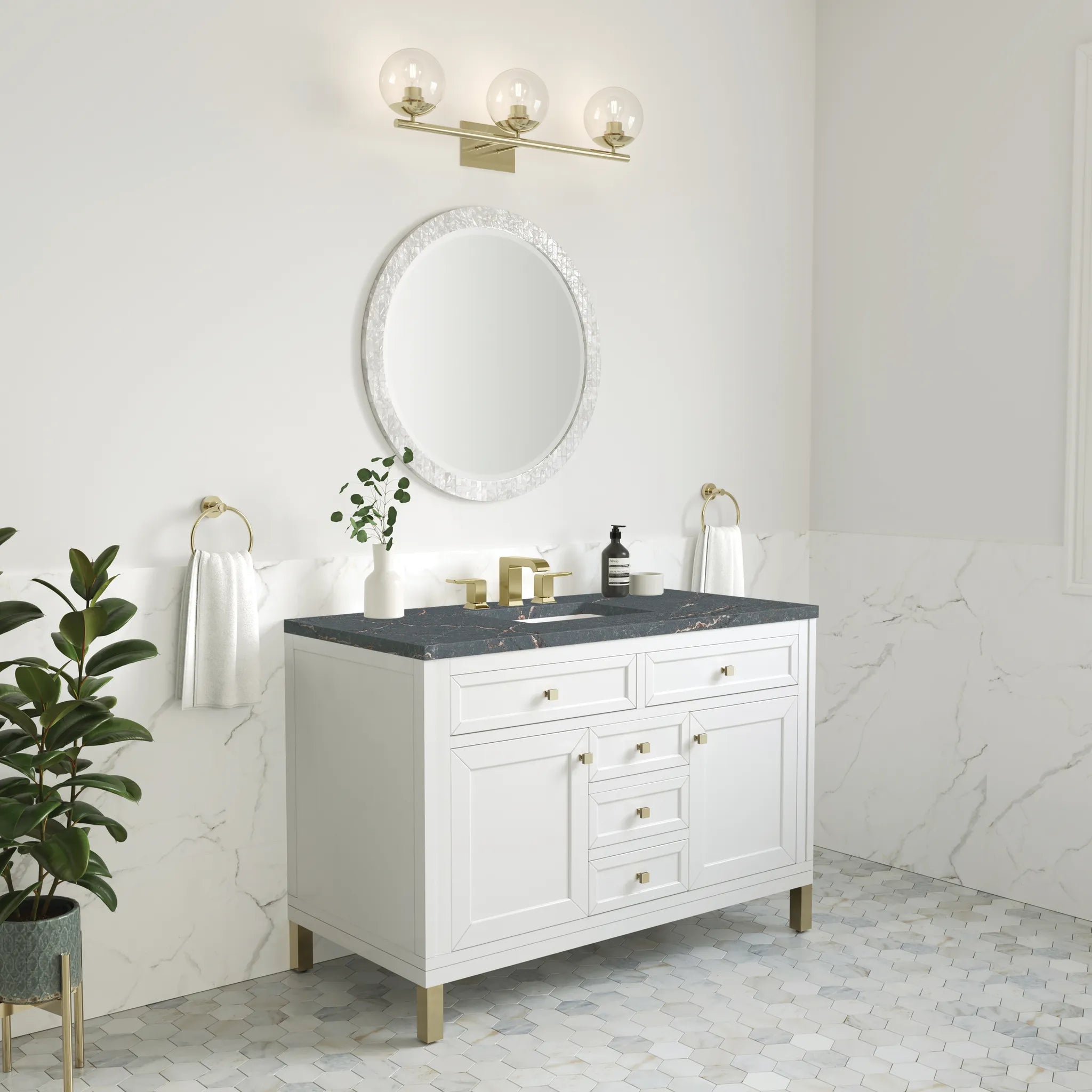 48" Chicago Single Vanity in Glossy White-Parisien Bleu Silestone-8" Widespread image 4