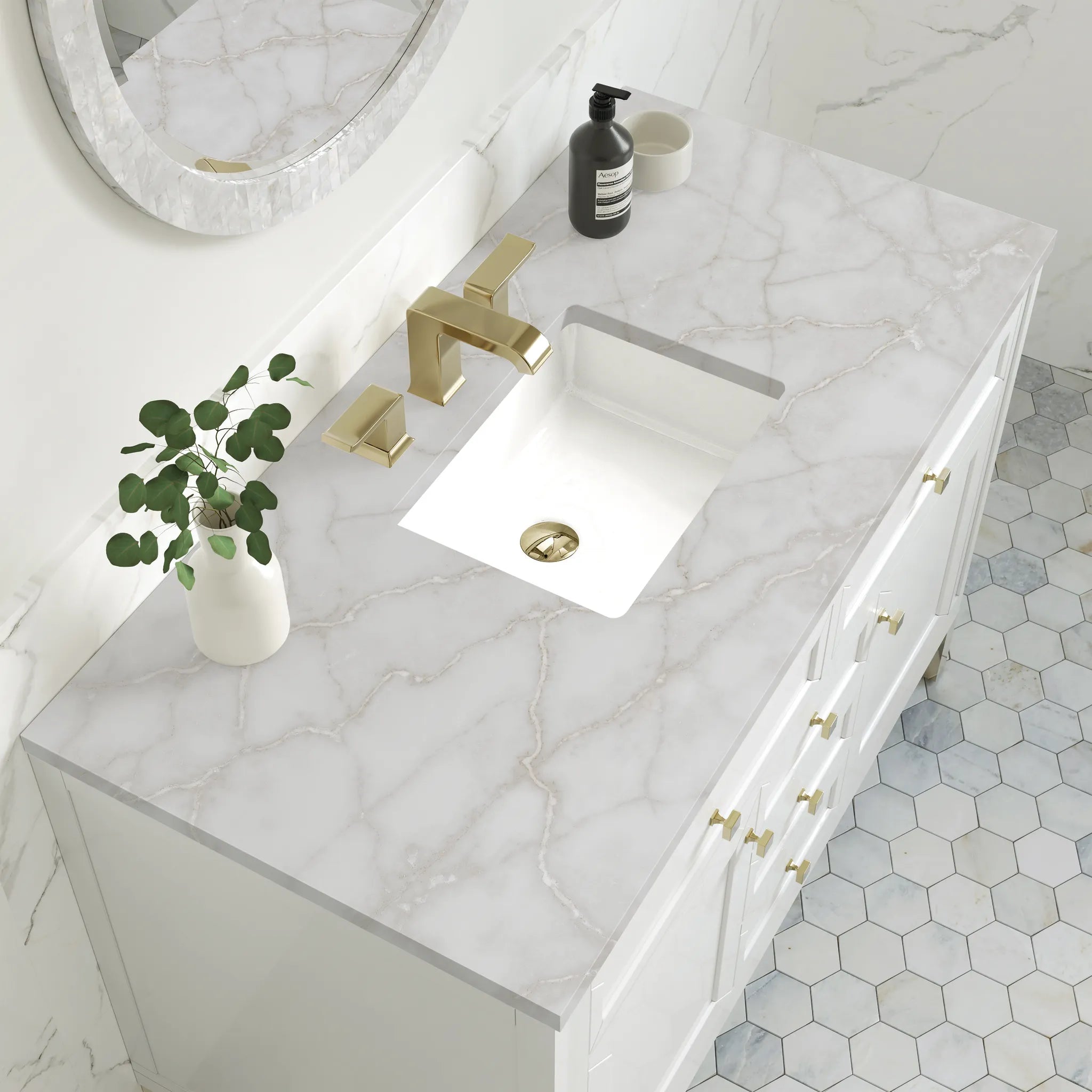 48" Chicago Single Vanity in Glossy White w/FreePower Wireless Charger-Victorian Silver Silestone-8" Widespread image 11