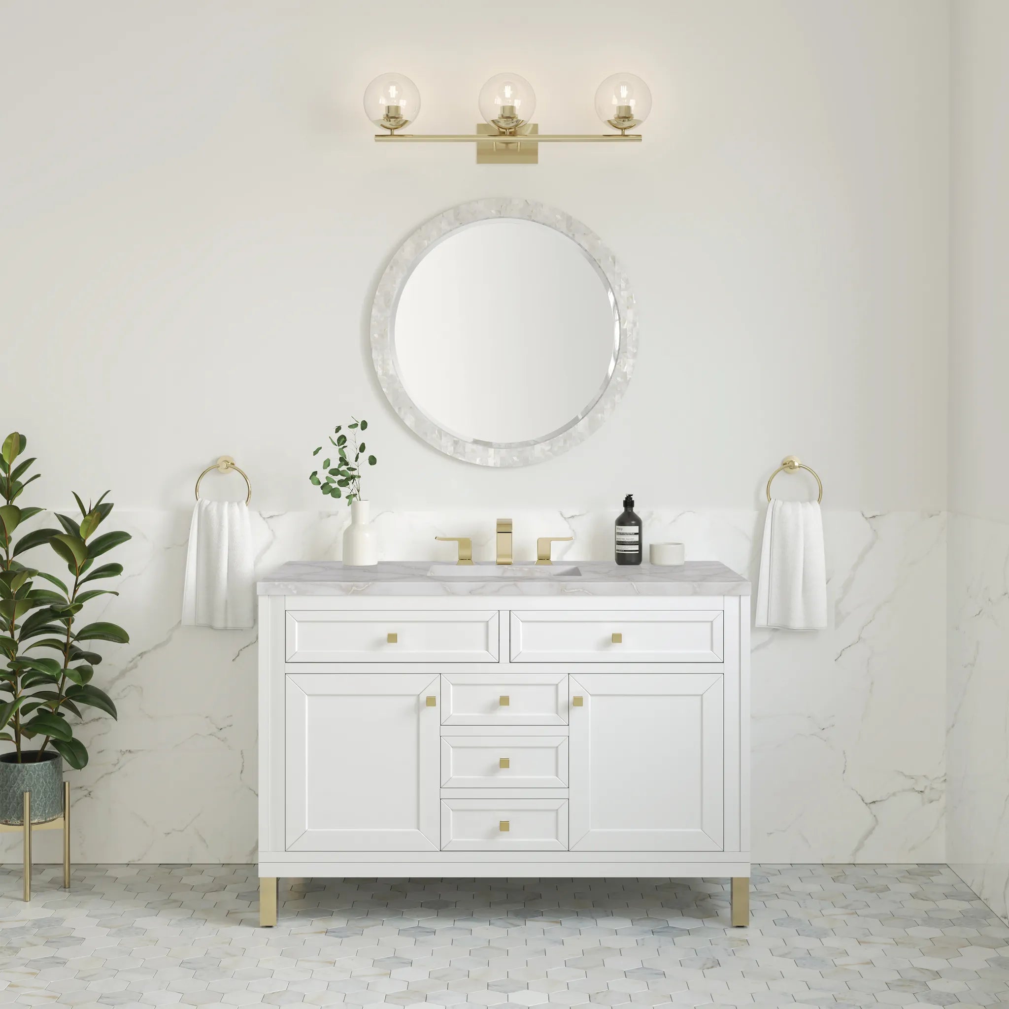 48" Chicago Single Vanity in Glossy White w/FreePower Wireless Charger-Victorian Silver Silestone-8" Widespread image 6