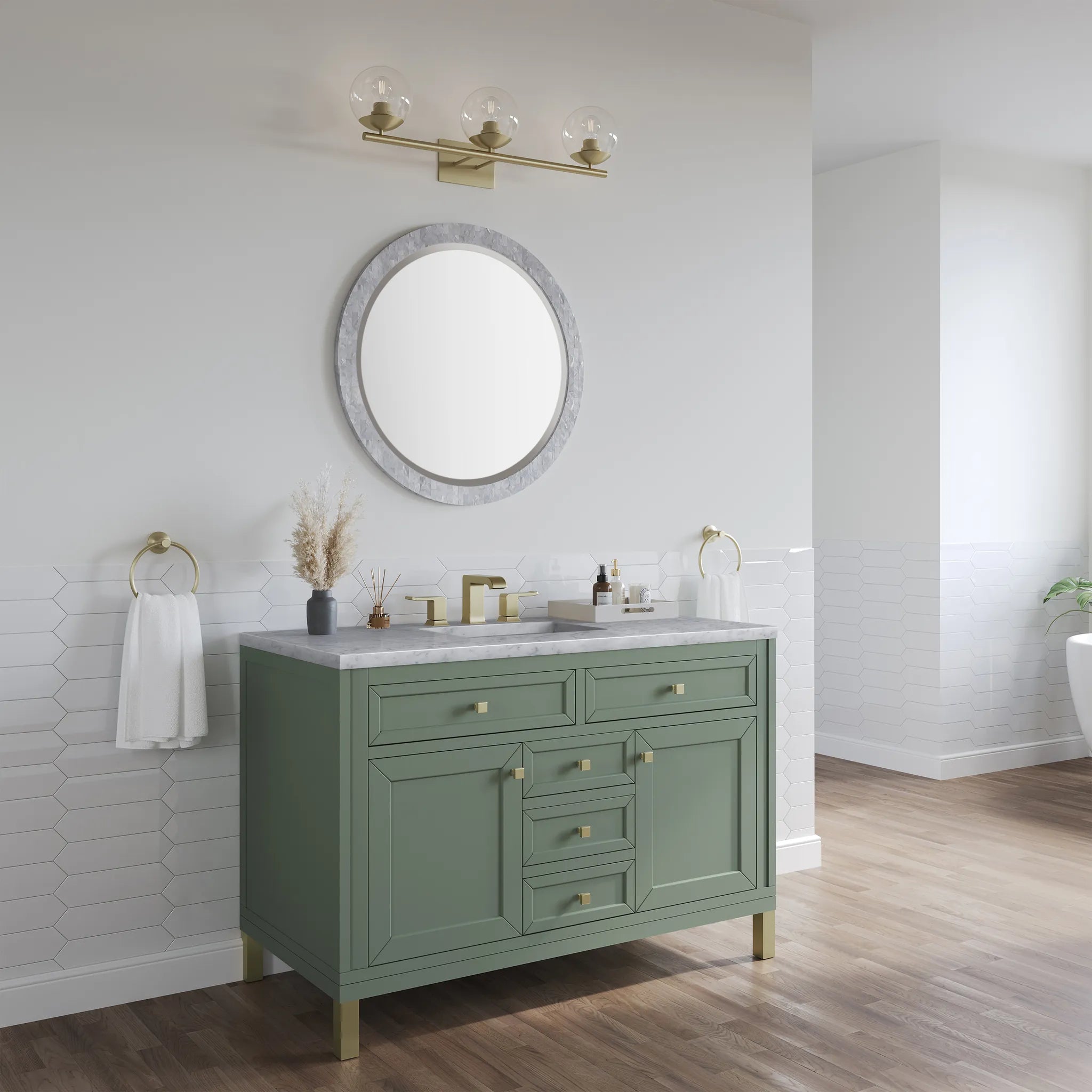48" Chicago Single Vanity in Smokey Celadon,-Carrara White Marble-8" Widespread image 4