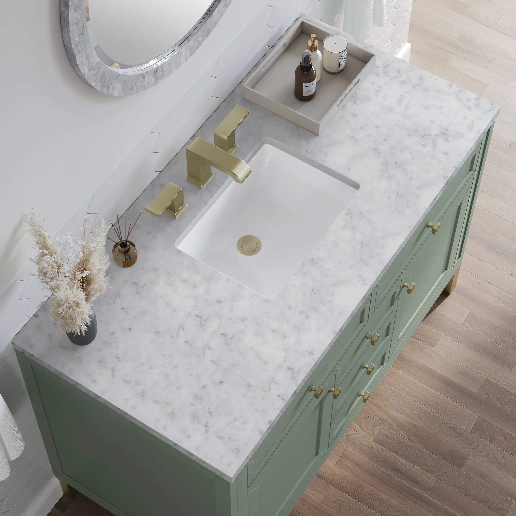 48" Chicago Single Vanity in Smokey Celadon,-Carrara White Marble-8" Widespread image 7