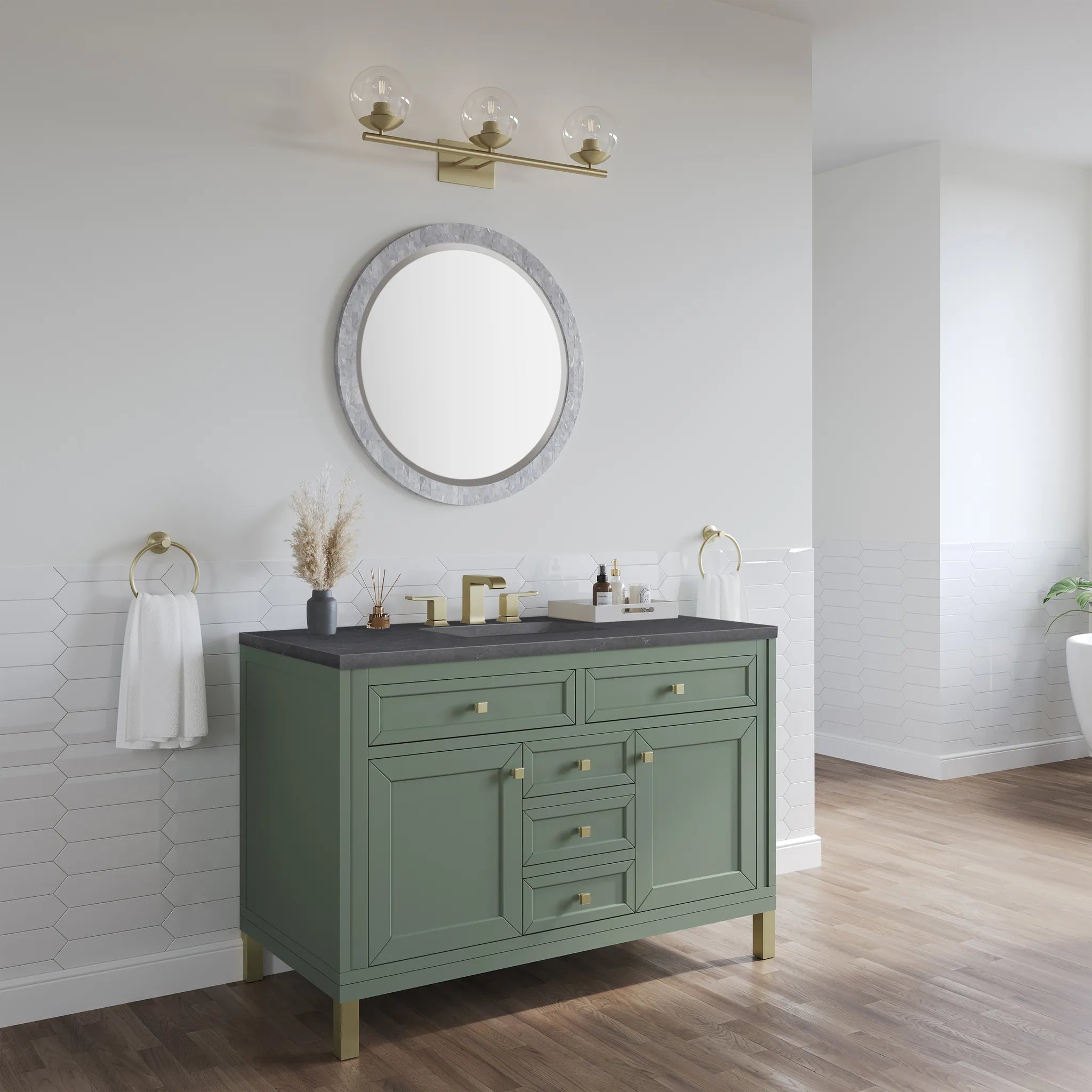 48" Chicago Single Vanity in Smokey Celadon,-Charcoal Soapstone Silestone-8" Widespread image 4