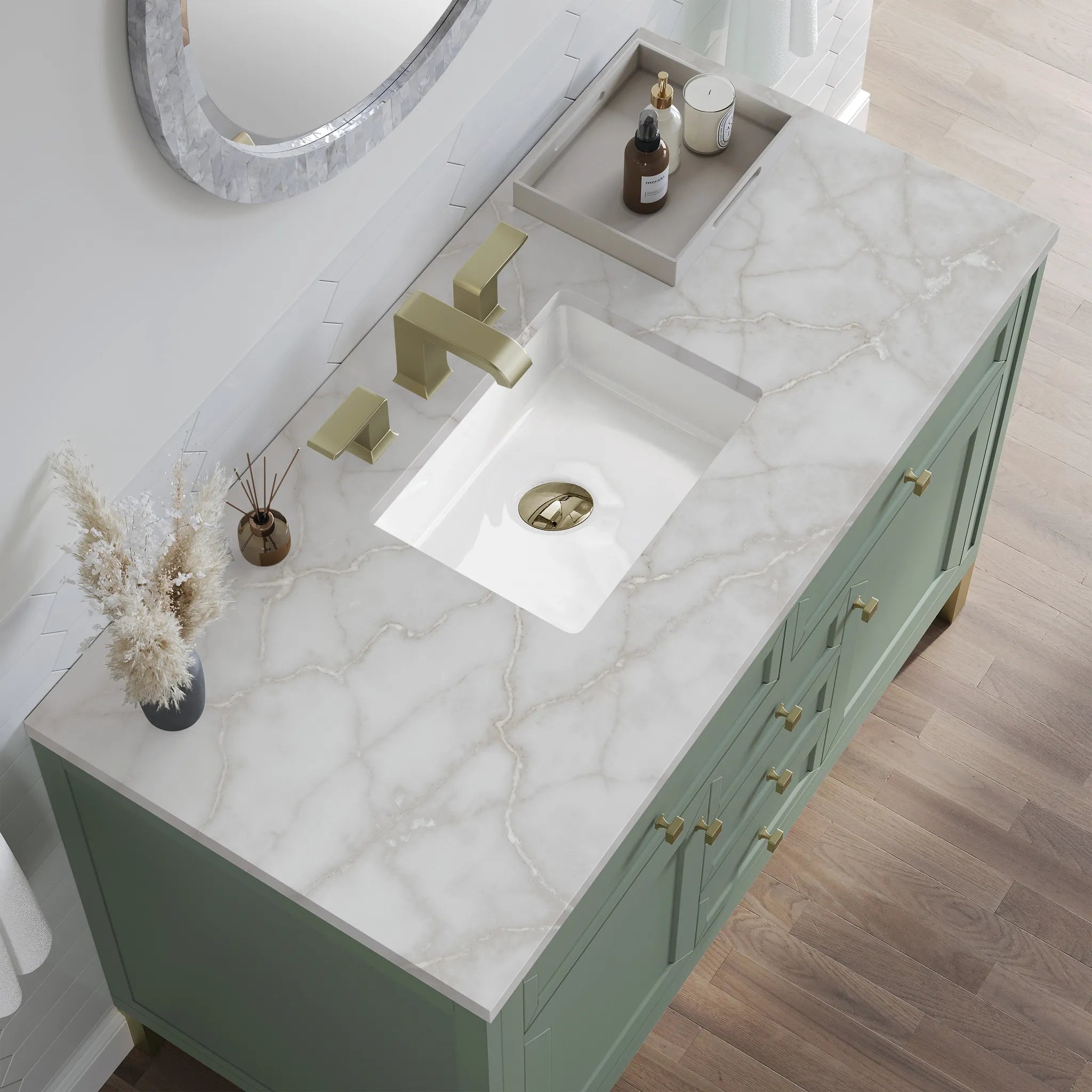 48" Chicago Single Vanity in Smokey Celadon,-Victorian Silver Silestone-8" Widespread image 6
