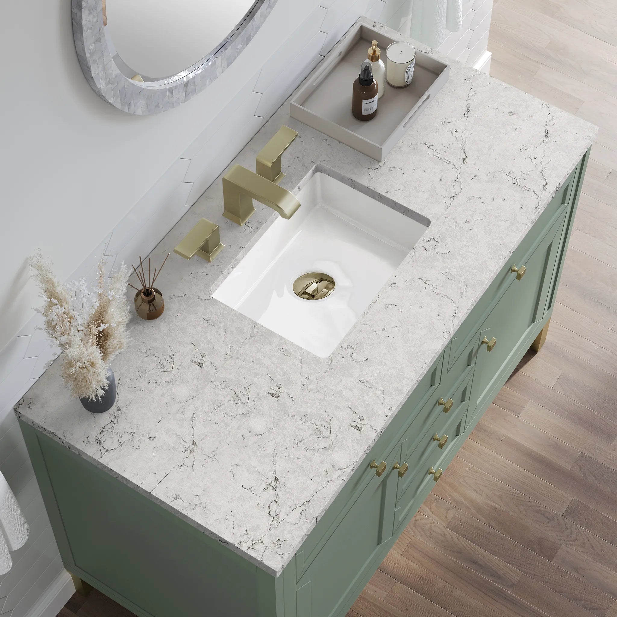 48" Chicago Single Vanity in Smokey Celadon Wireless Charger-Eternal Jasmine Pearl Silestone-8" Widespread image 10