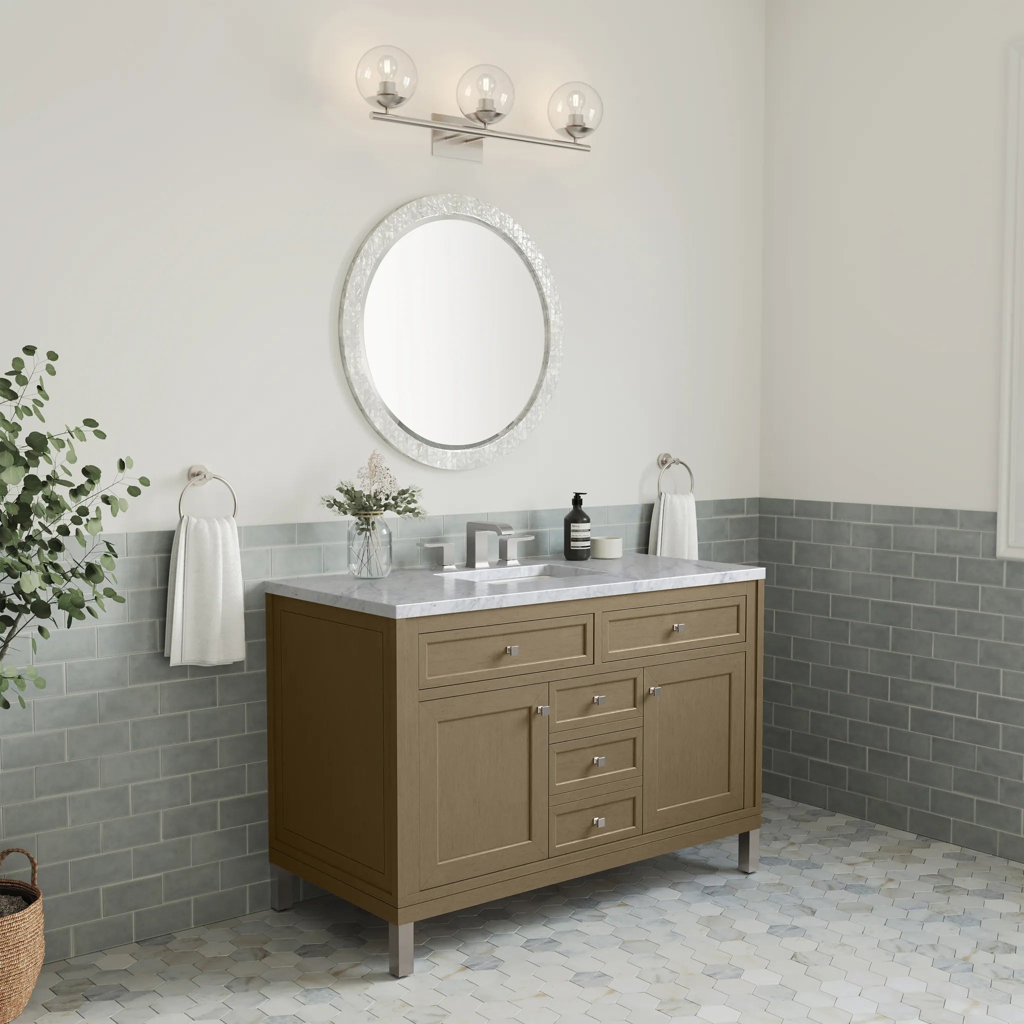 48" Chicago Single Vanity in Walnut Whisper-Carrara White Marble-8" Widespread image 8