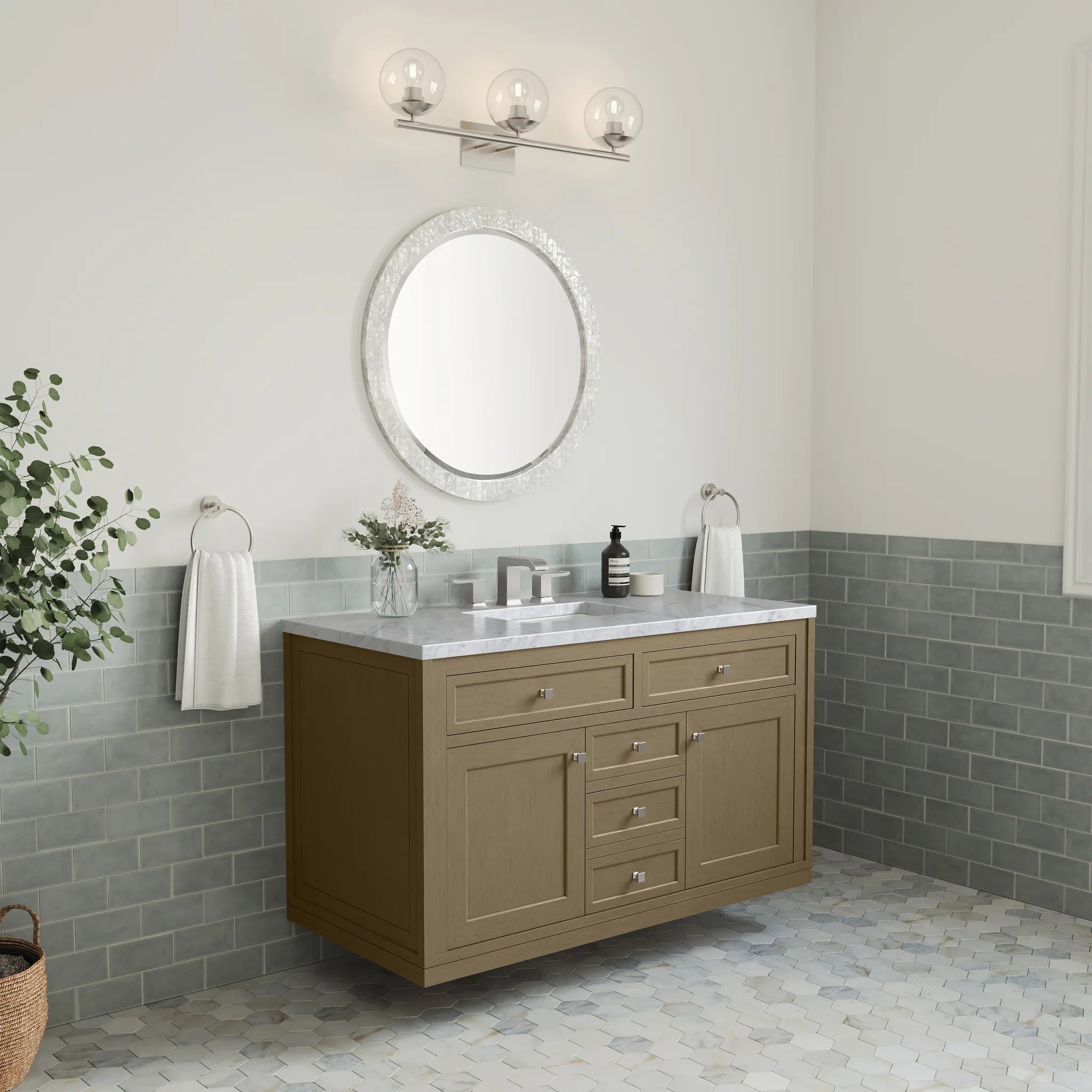 48" Chicago Single Vanity in Walnut Whisper-Carrara White Marble-8" Widespread image 9
