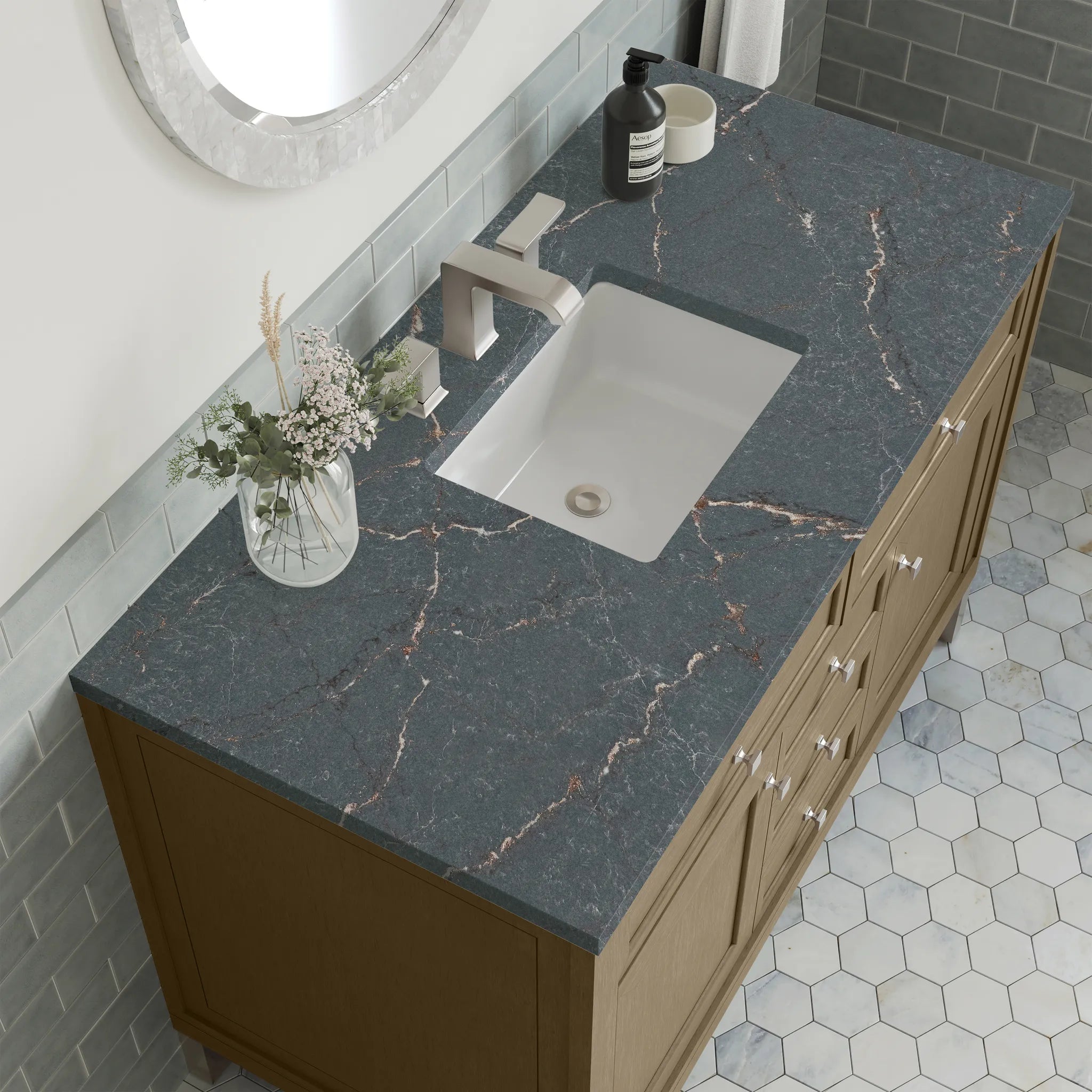 48" Chicago Single Vanity in Walnut Whisper w/FreePower Wireless Charger-Parisien Bleu Silestone-8" Widespread image 10