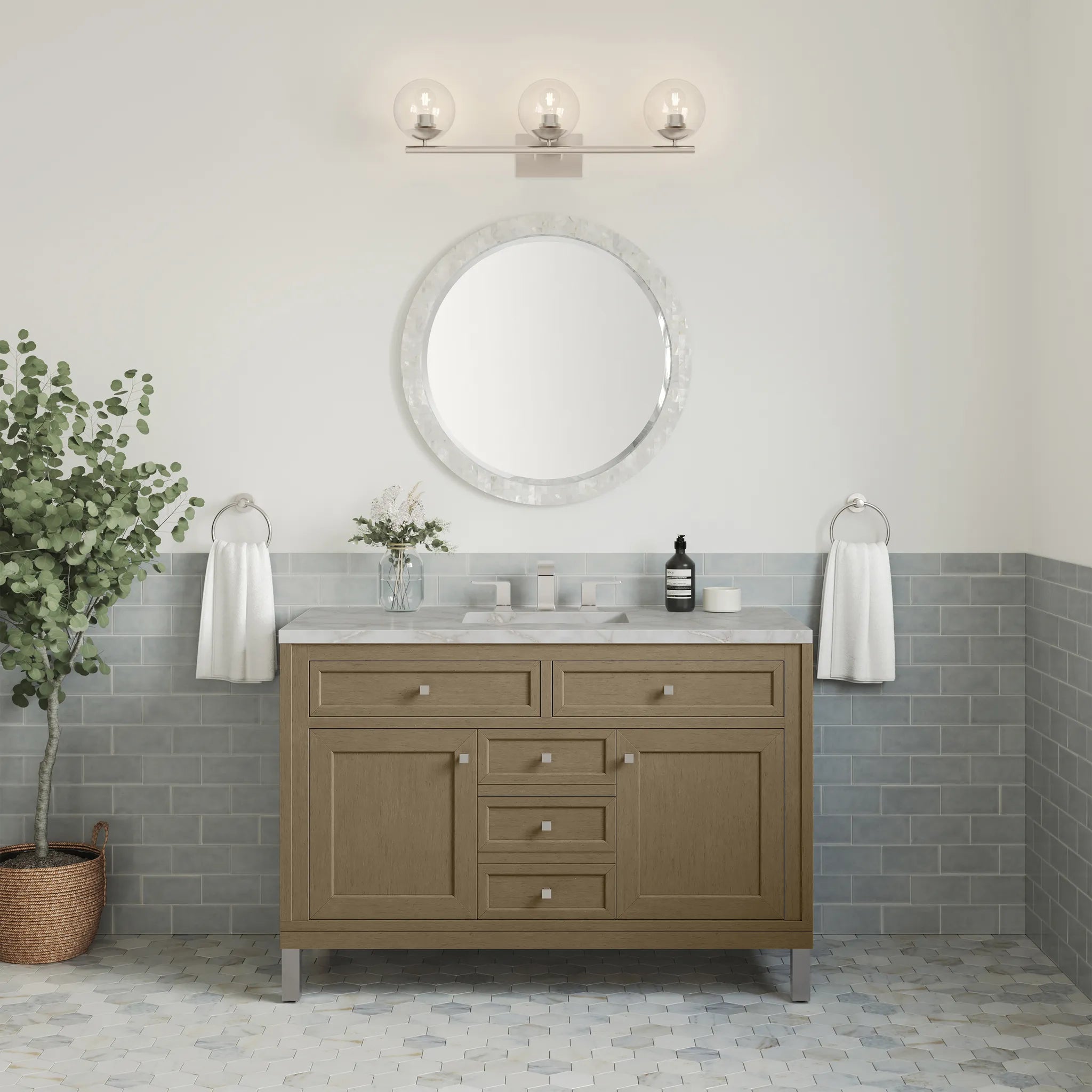 48" Chicago Single Vanity in Walnut Whisper w/FreePower Wireless Charger-Victorian Silver Silestone-8" Widespread image 6