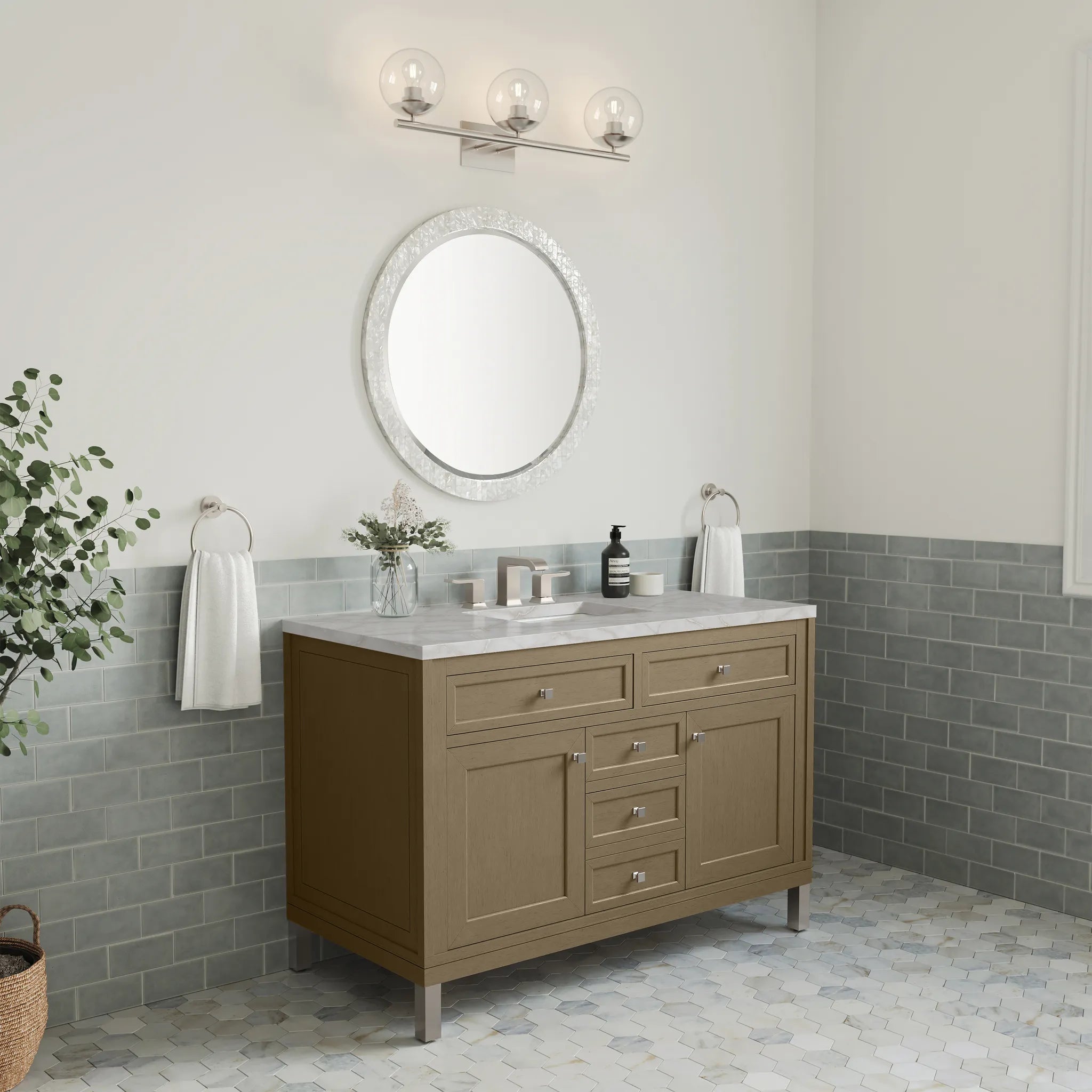 48" Chicago Single Vanity in Walnut Whisper w/FreePower Wireless Charger-Victorian Silver Silestone-8" Widespread image 7