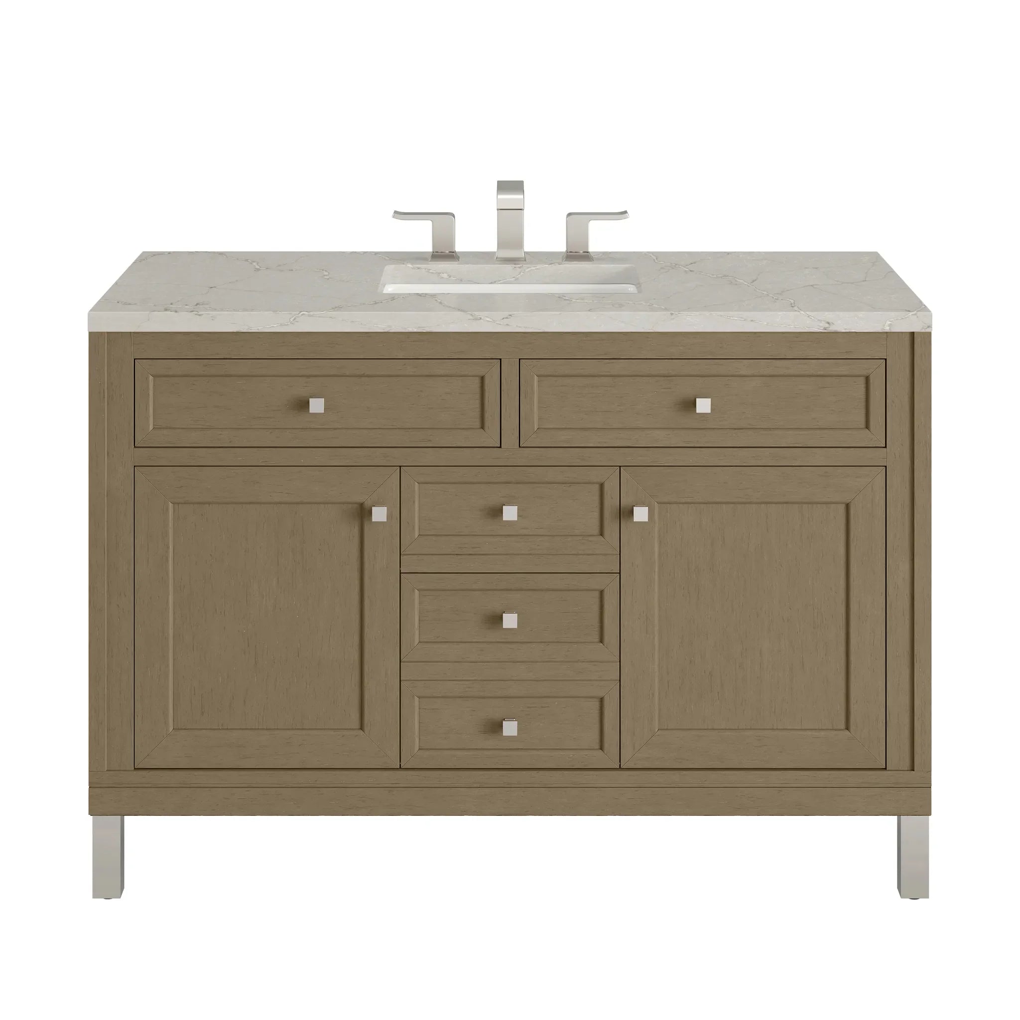 48" Chicago Single Vanity in Walnut Whisper w/FreePower Wireless Charger-Victorian Silver Silestone-8" Widespread image
