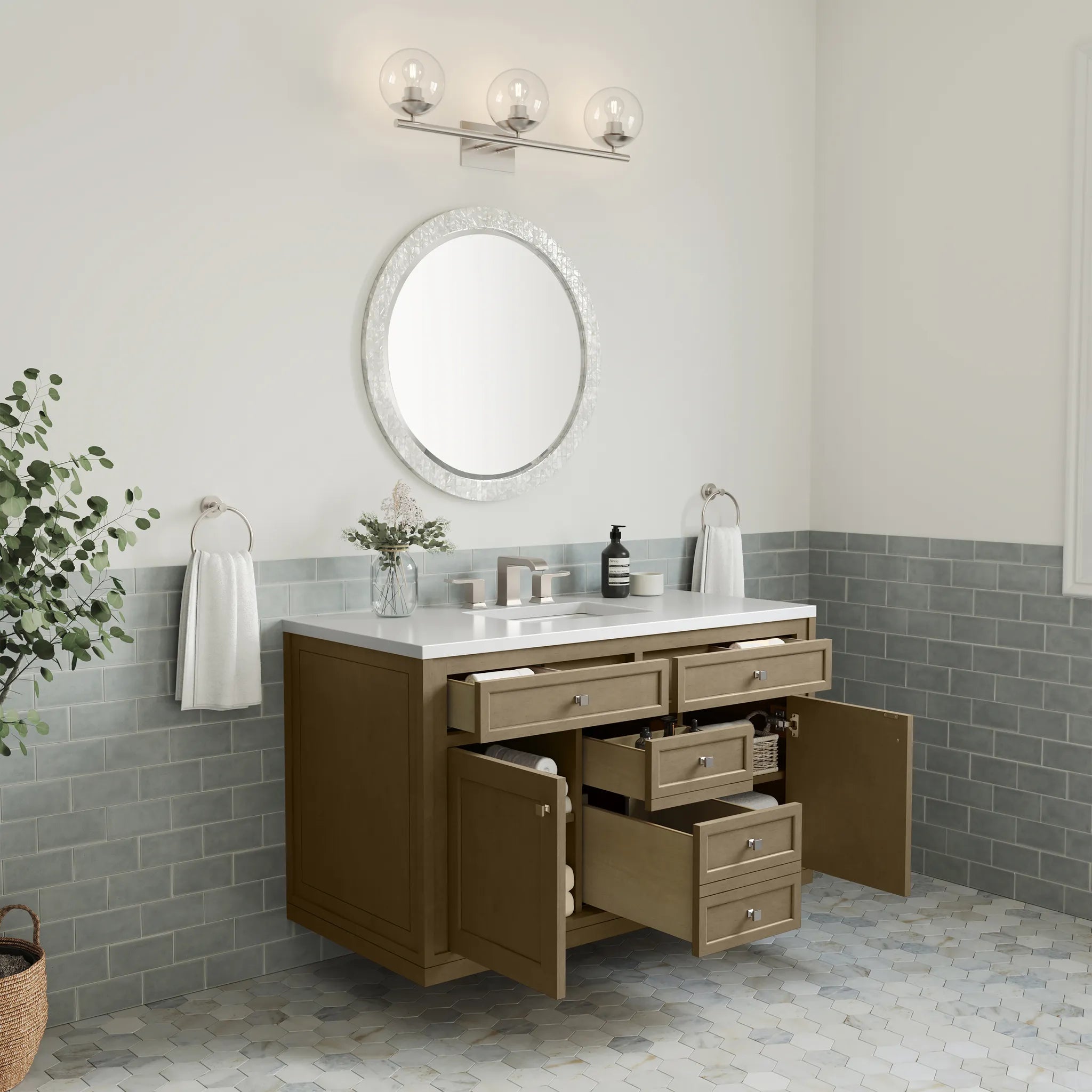 48" Chicago Single Vanity in Walnut Whisper-White Zeus Silestone-8" Widespread image 11