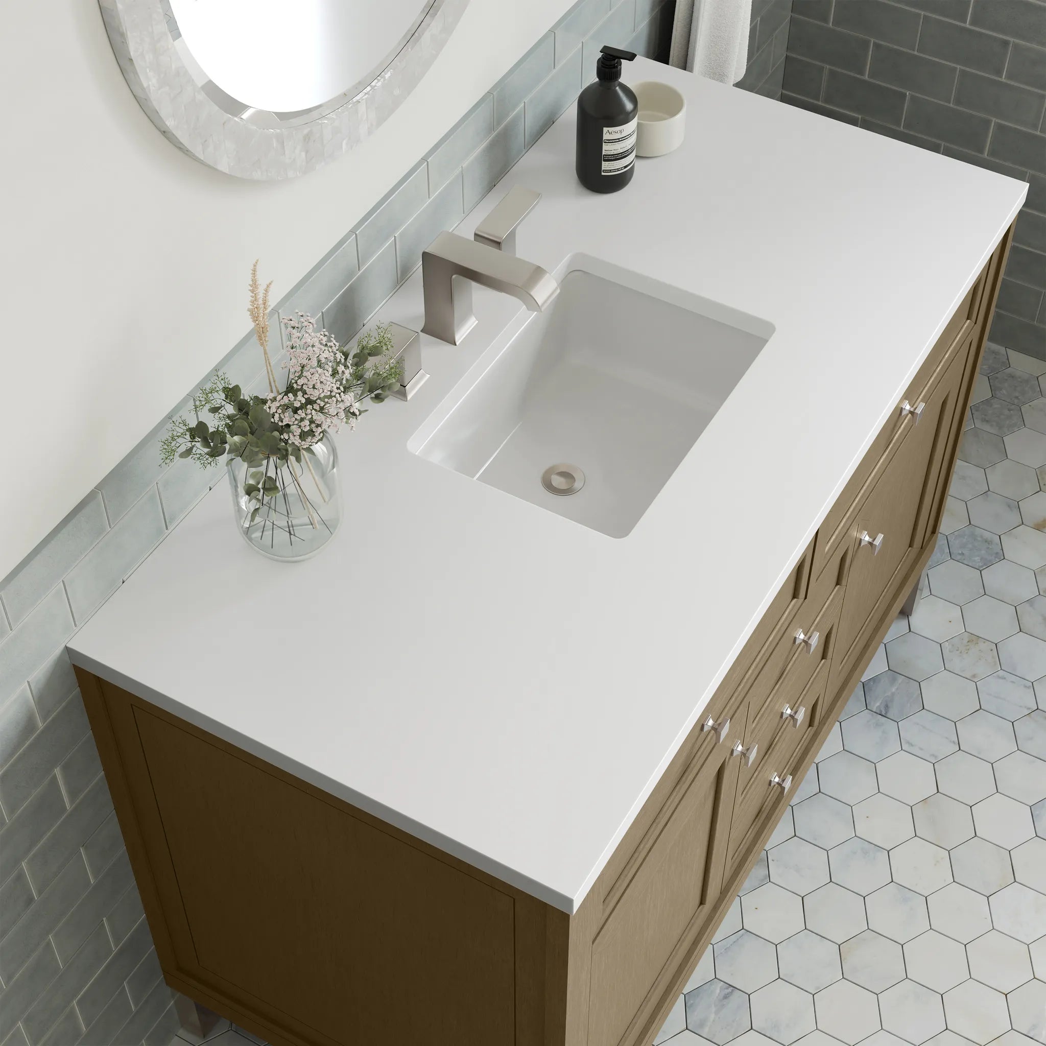 48" Chicago Single Vanity in Walnut Whisper-White Zeus Silestone-8" Widespread image 13