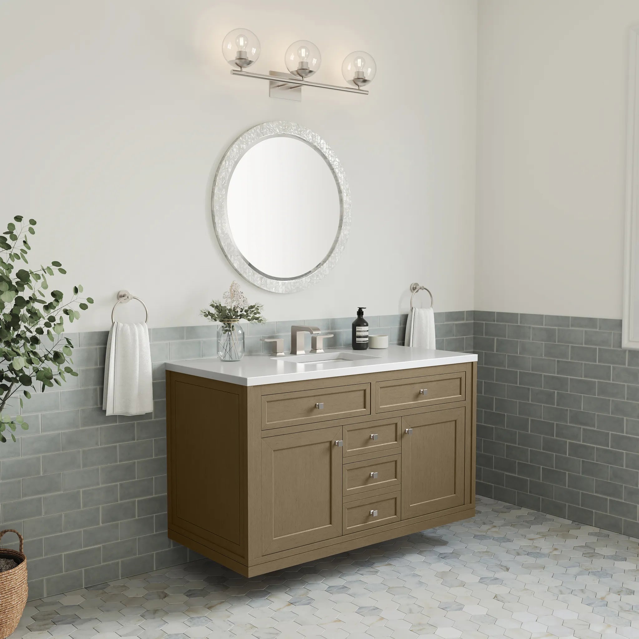 48" Chicago Single Vanity in Walnut Whisper-White Zeus Silestone-8" Widespread image 9