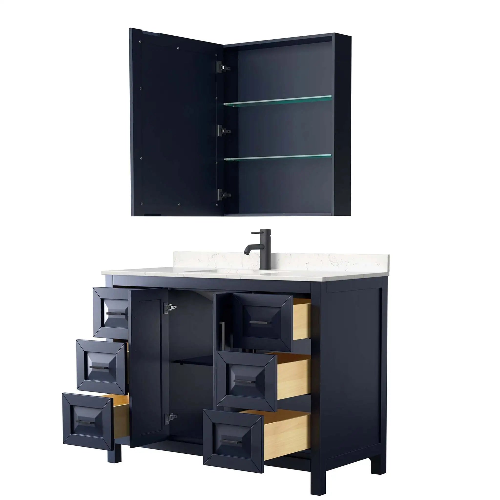 48" Daria Single Bathroom Vanity in Dark Blue with Matte Black Trim & Medicine Cabinet by Wyndham