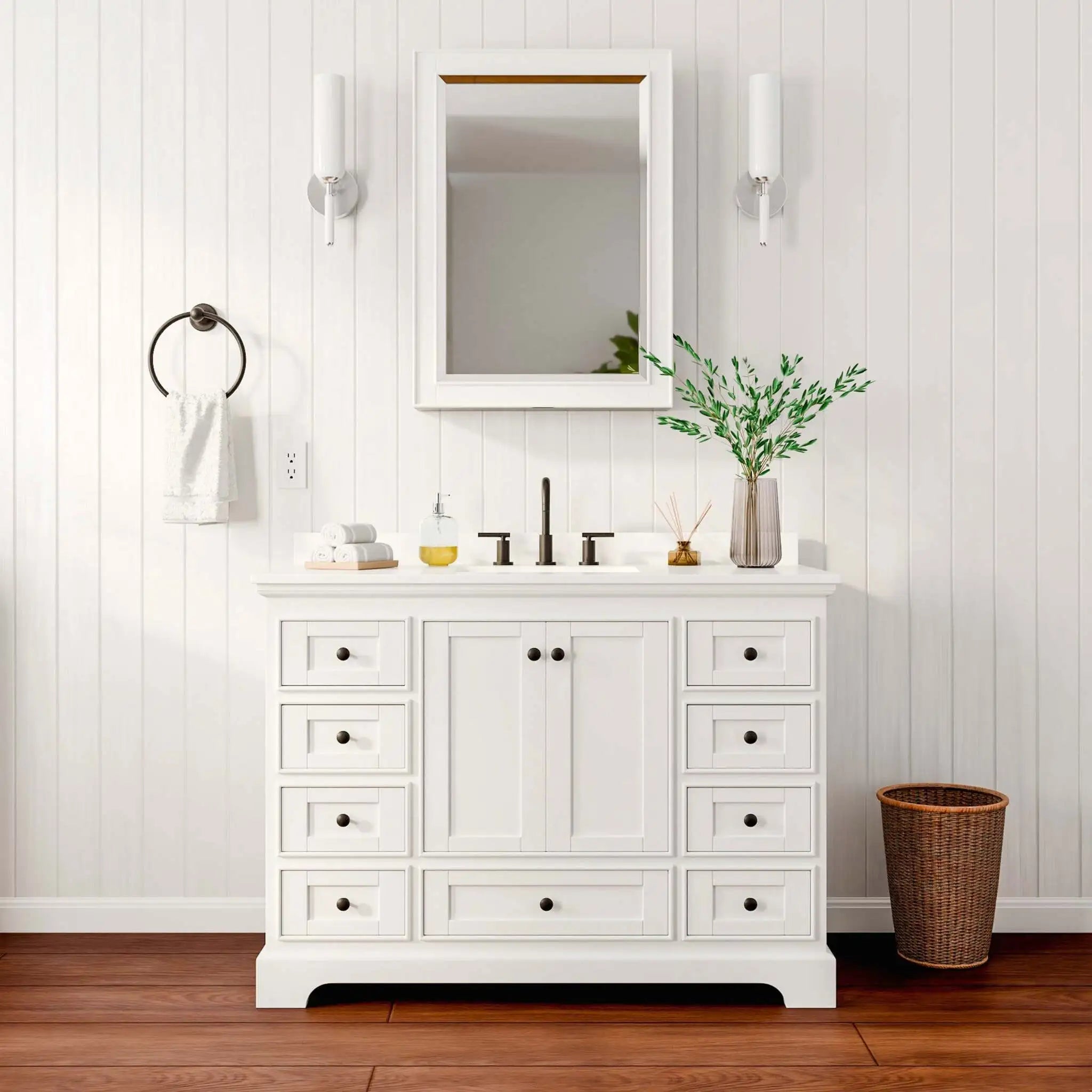 48" Deborah Single Bathroom Vanity in White with Matte Black Trim & Medicine Cabinet by Wyndham