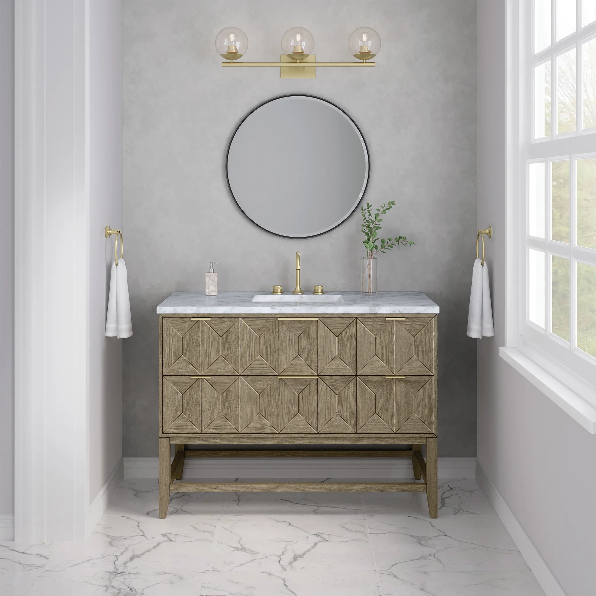 48" Emmeline Single Vanity in Pebble Oak-Carrara White Marble-8" Widespread image 2