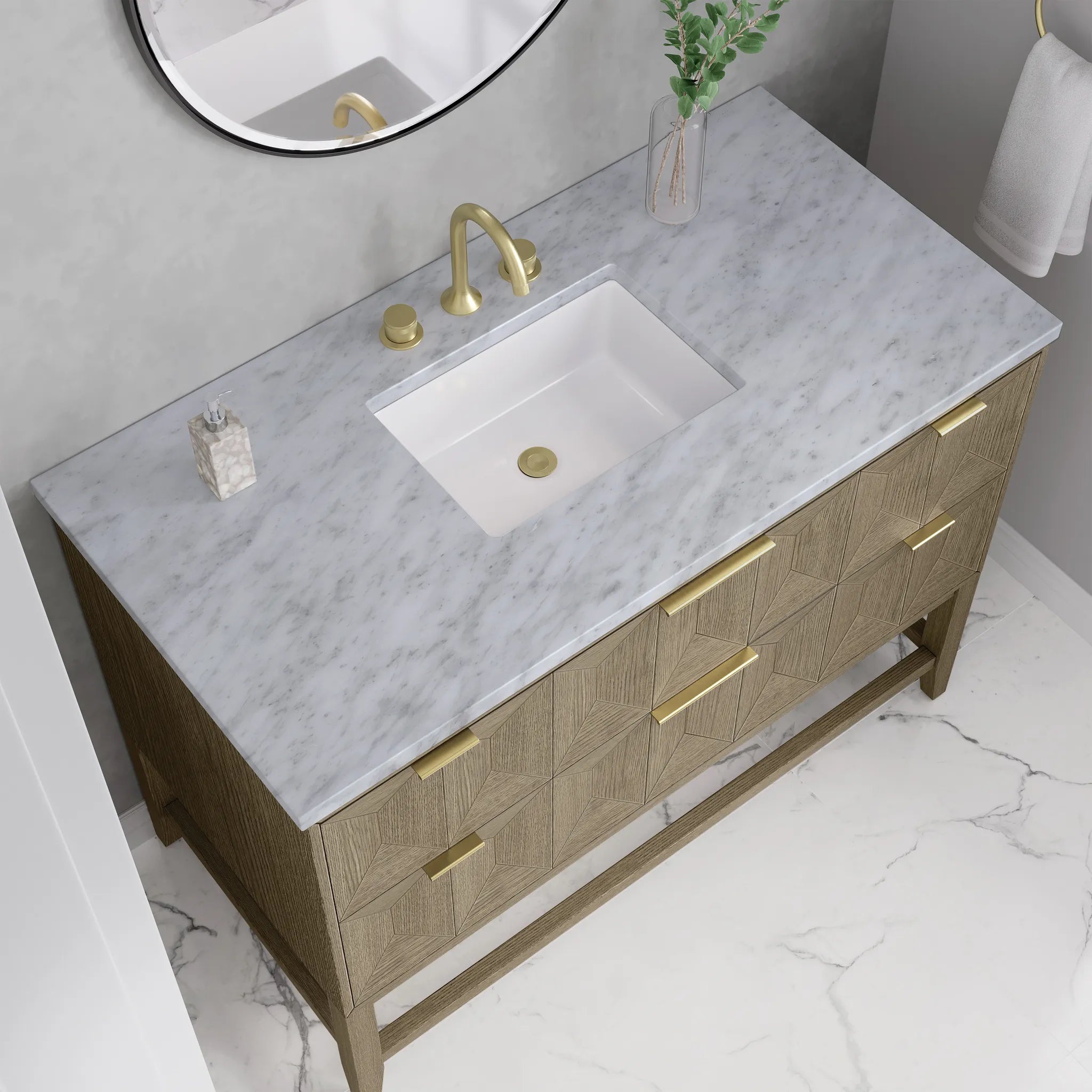 48" Emmeline Single Vanity in Pebble Oak-Carrara White Marble-8" Widespread image 5