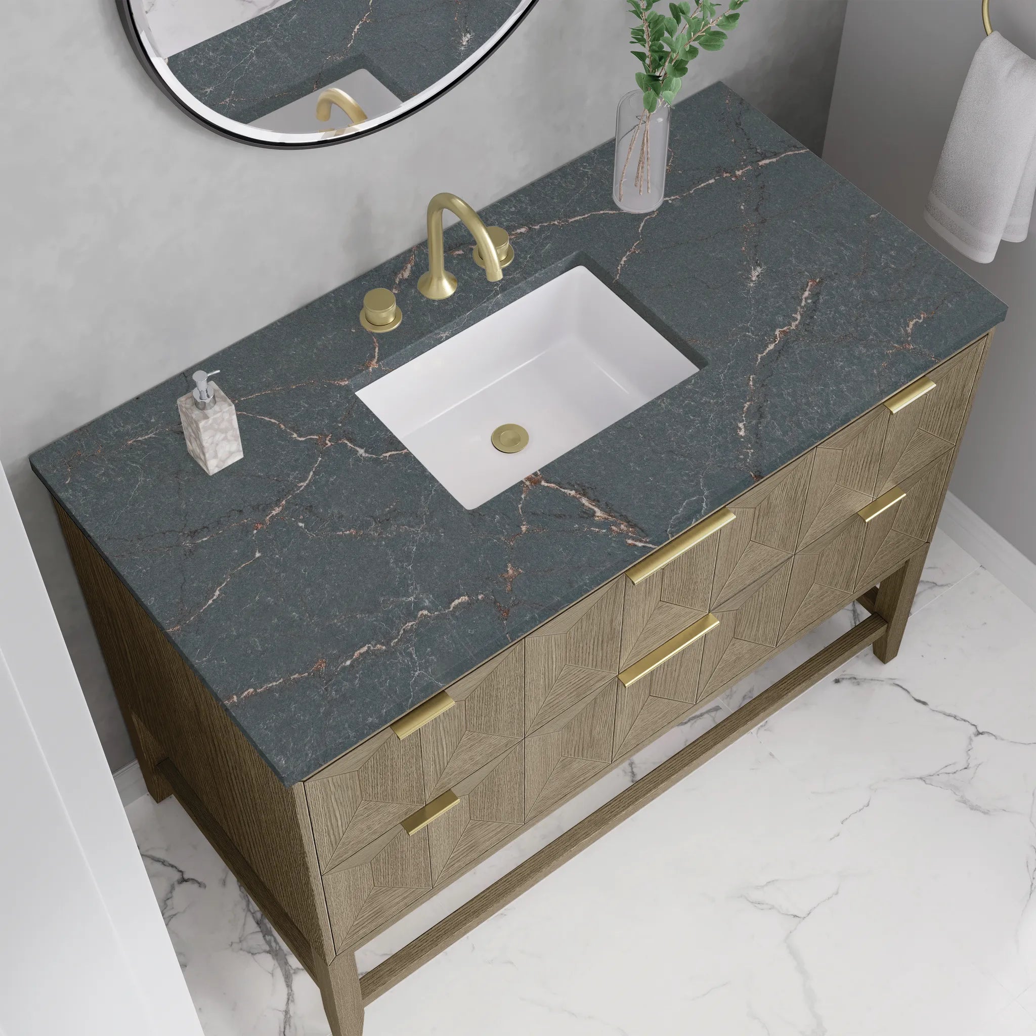 48" Emmeline Single Vanity in Pebble Oak w/FreePower Wireless Charger-Parisien Bleu Silestone-8" Widespread image 7