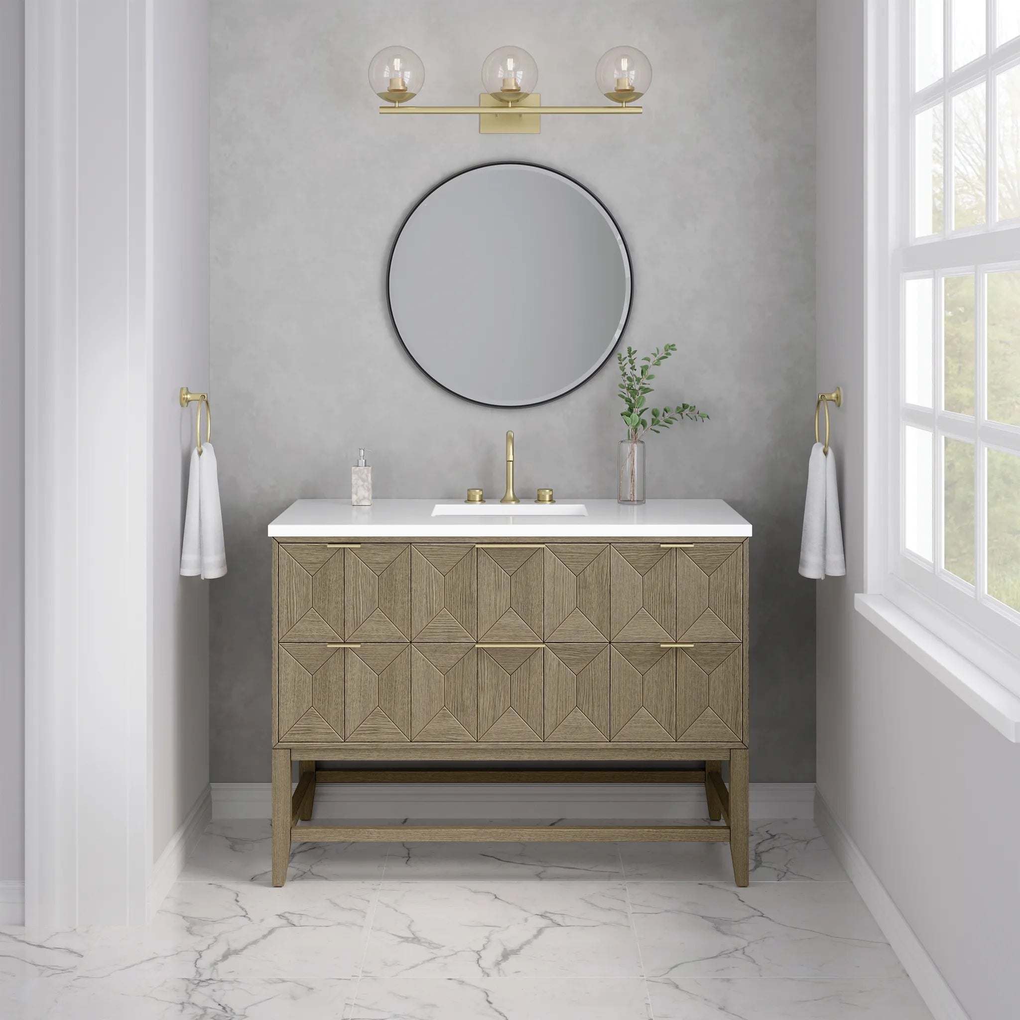 48" Emmeline Single Vanity in Pebble Oak-White Zeus Silestone-8" Widespread image 3