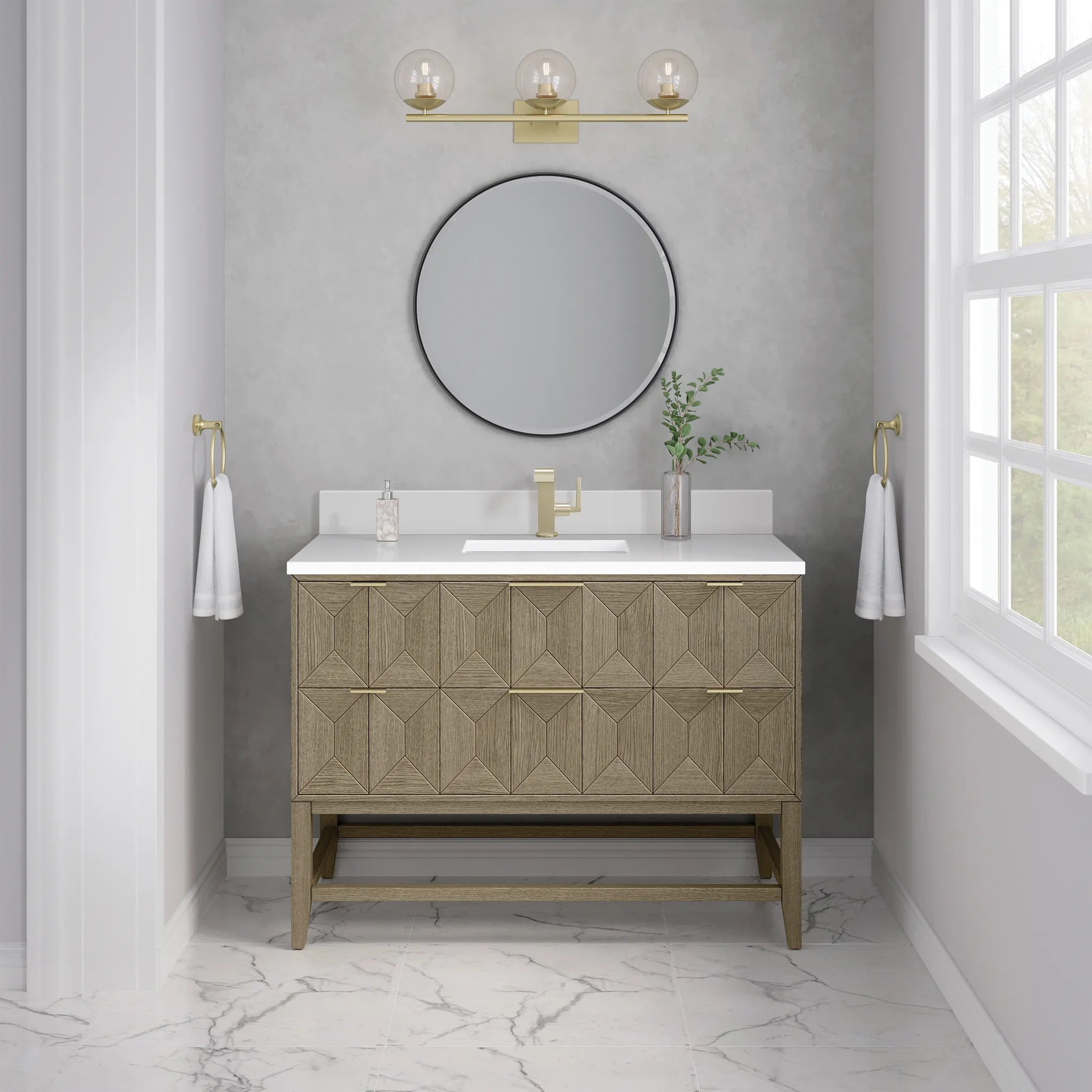 48" Emmeline Single Vanity in Pebble Oak-White Zeus Silestone & Backsplash-Single Hole image 1