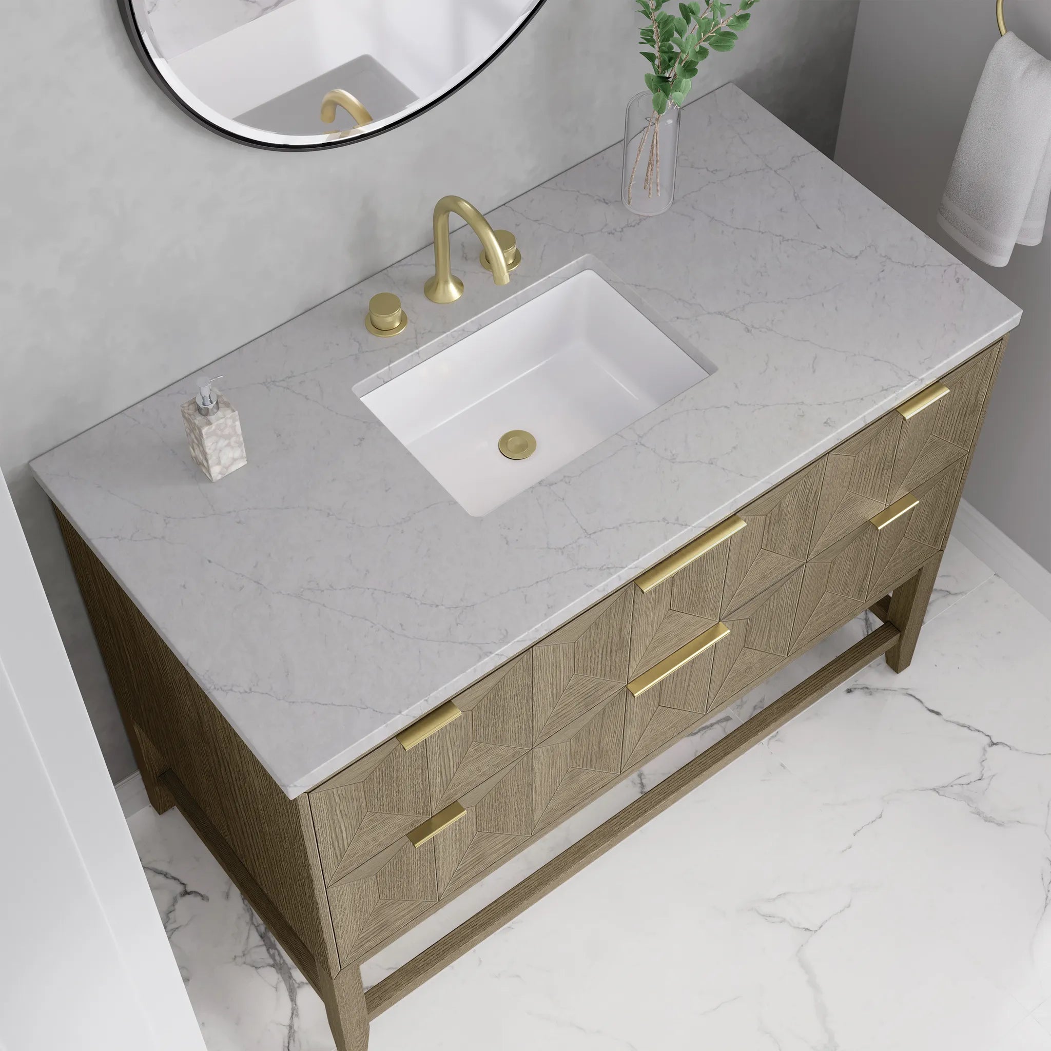 48" Emmeline Single Vanity in Pebble Oak Wireless Charger-Eternal Jasmine Pearl Silestone-8" Widespread image 7