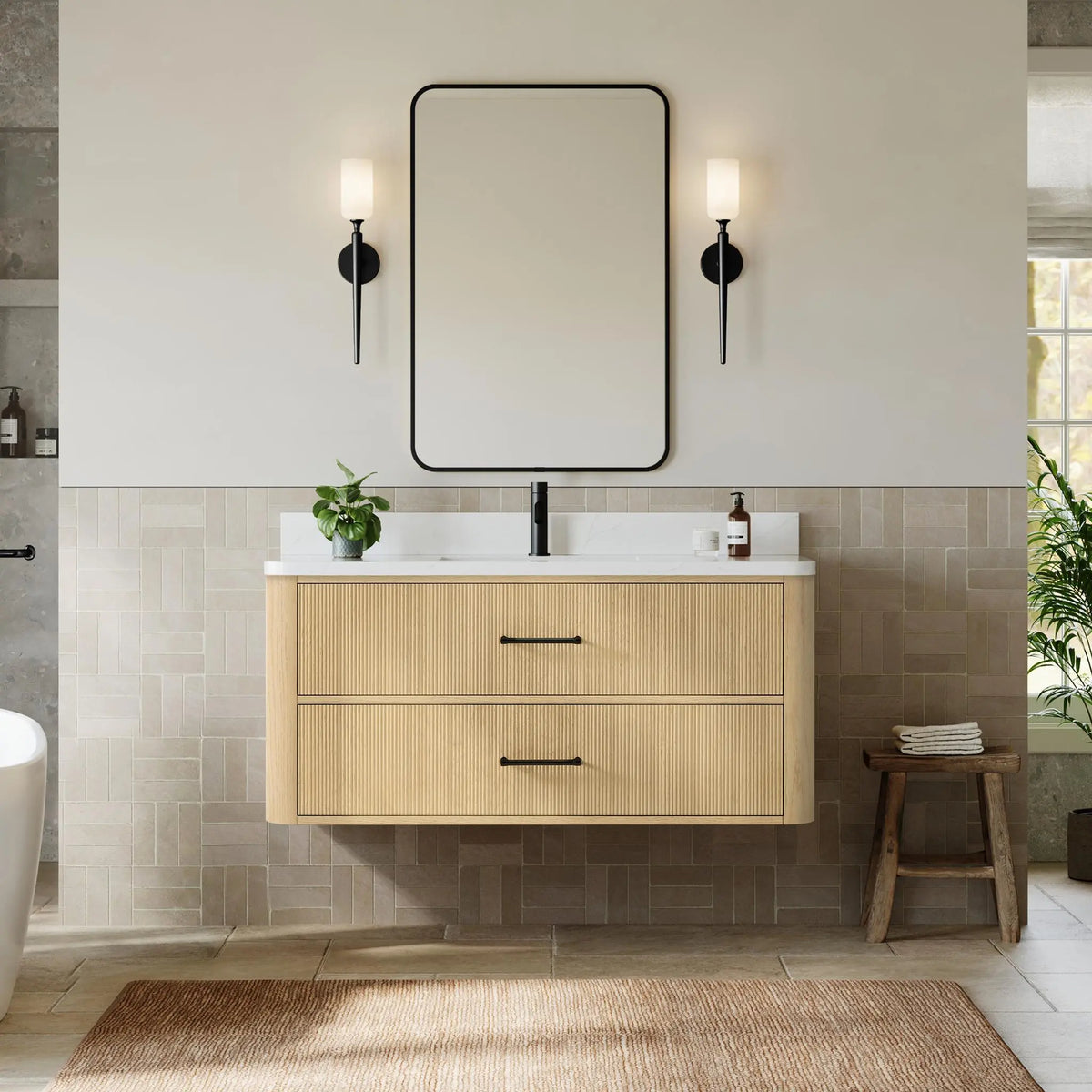 48" Francesca Single Wall Mounted Bathroom Vanity Scandinavian Oak Matte Black Trim by wyndham View 2