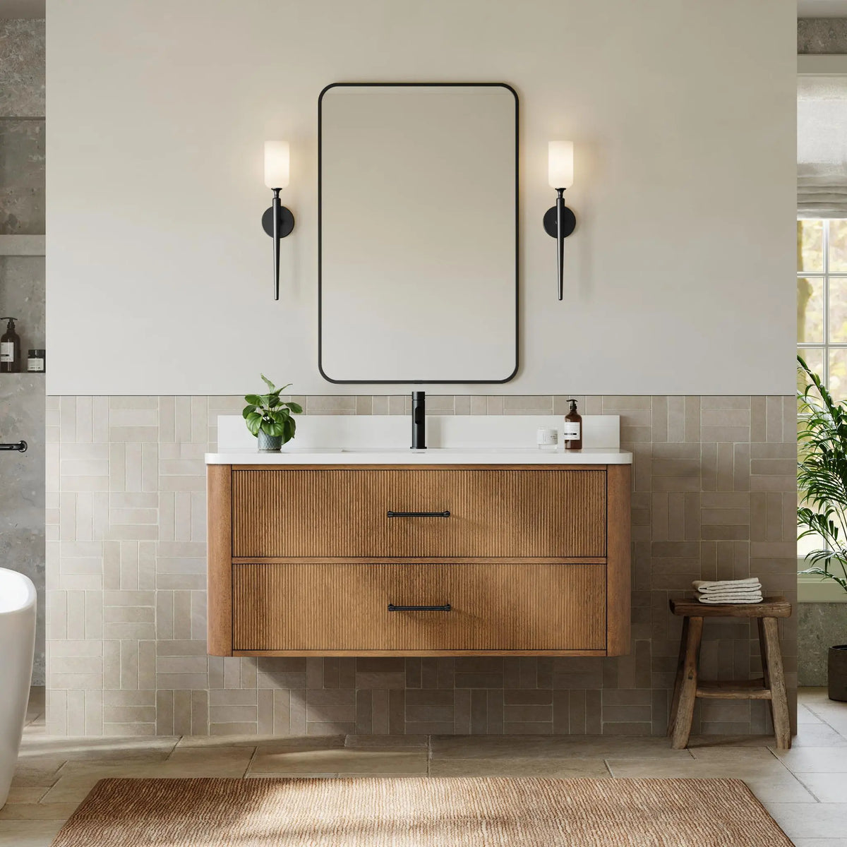 48" Francesca Single Wall Mounted Bathroom Vanity Toasted Walnut Matte Black Trim by wyndham View 12