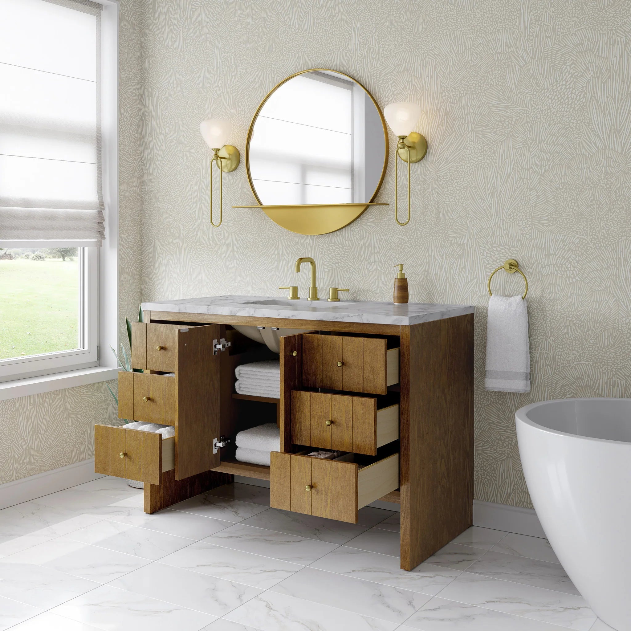 48" Hudson Single Vanity in Honey Oak by James Martin Vanities-Carrara White Marble 3