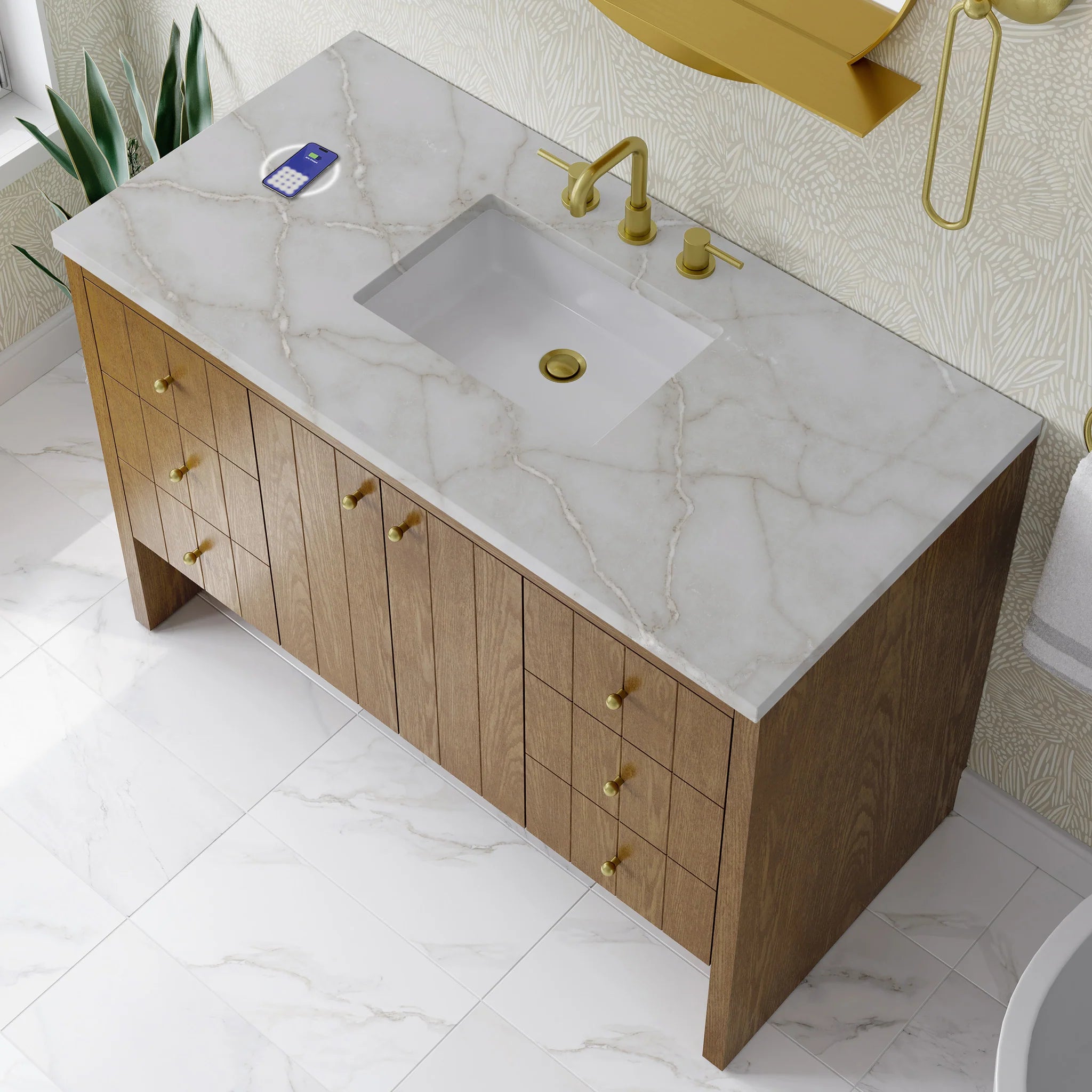 48" Hudson Single Vanity in Honey Oak w/FreePower Wireless Charger by James Martin Vanities-Victorian Silver Silestone 6