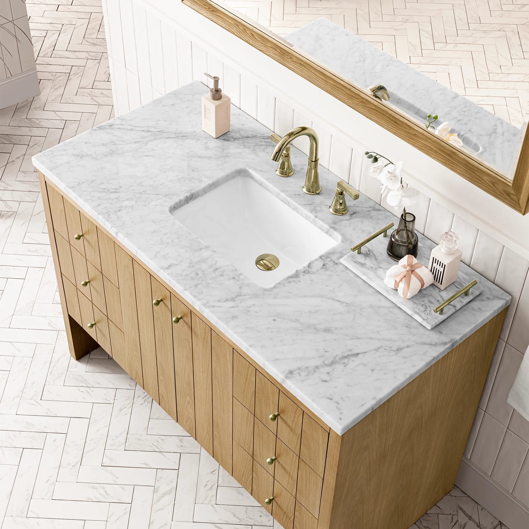 48" Hudson Single Vanity in Light Natural Oak-Carrara White Marble-8" Widespread image 5