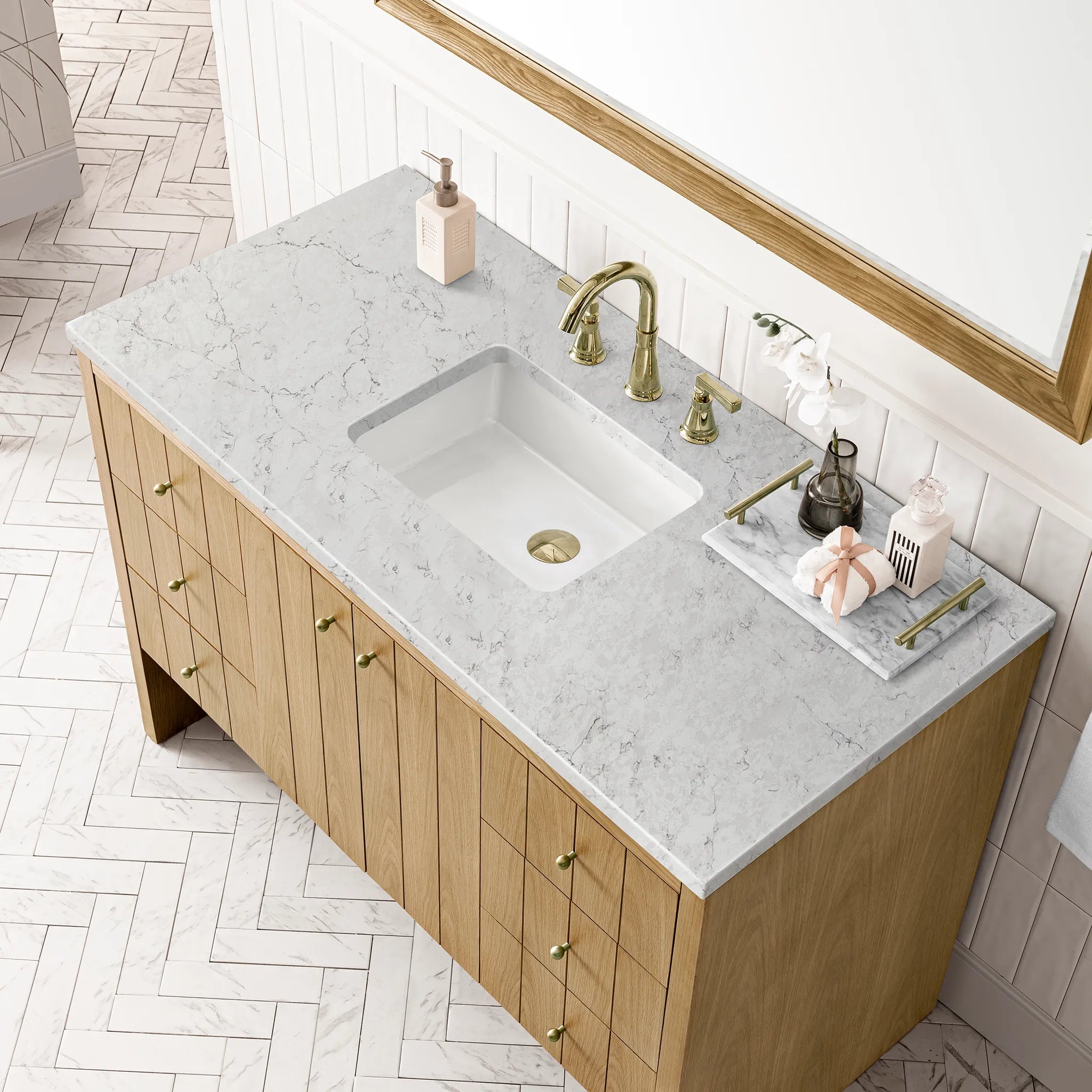48" Hudson Single Vanity in Light Natural Oak-Eternal Jasmine Pearl Silestone-8" Widespread image 4