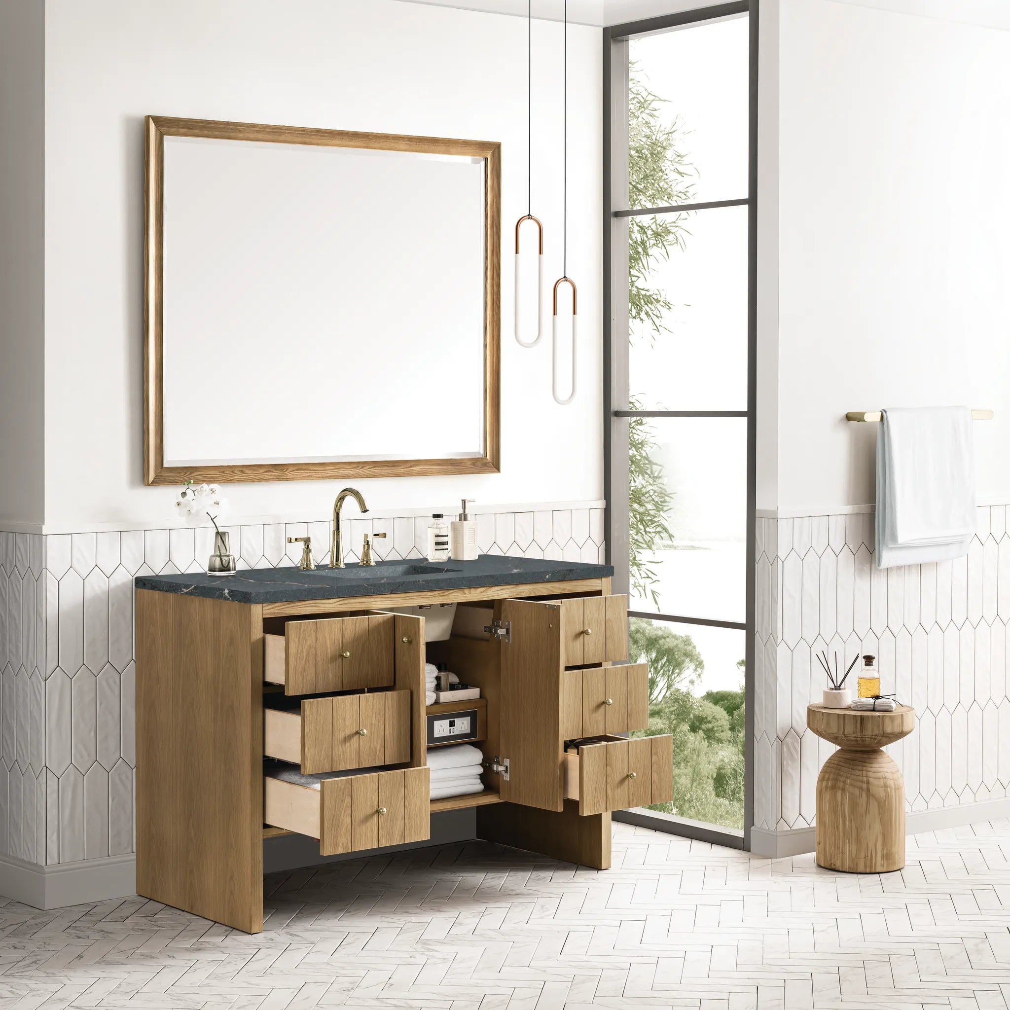 48" Hudson Single Vanity in Light Natural Oak-Parisien Bleu Silestone-8" Widespread image 3