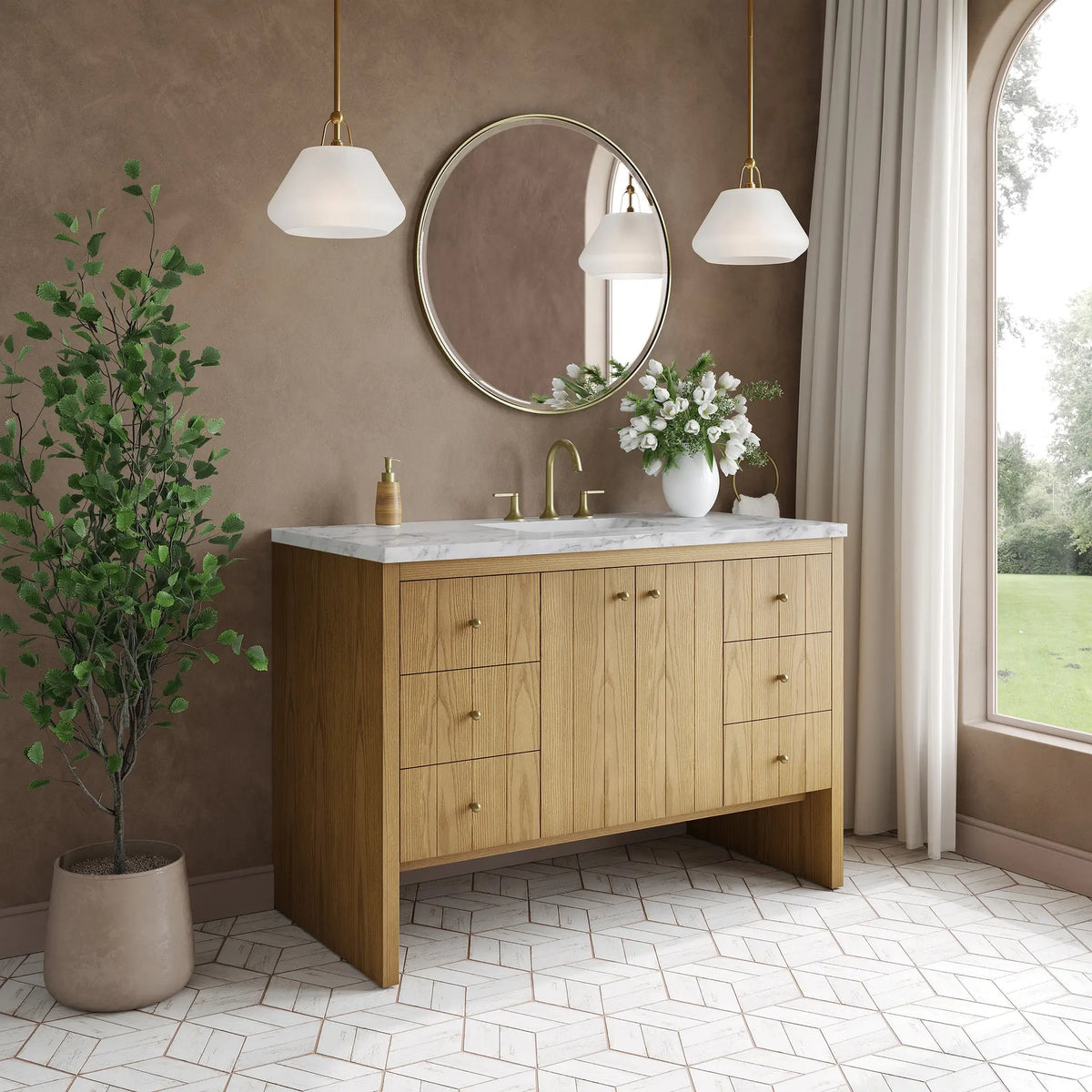 48 Hudson Single Vanity In Light Natural Oak Standard Carrara White Marble 8 Widespread 4
