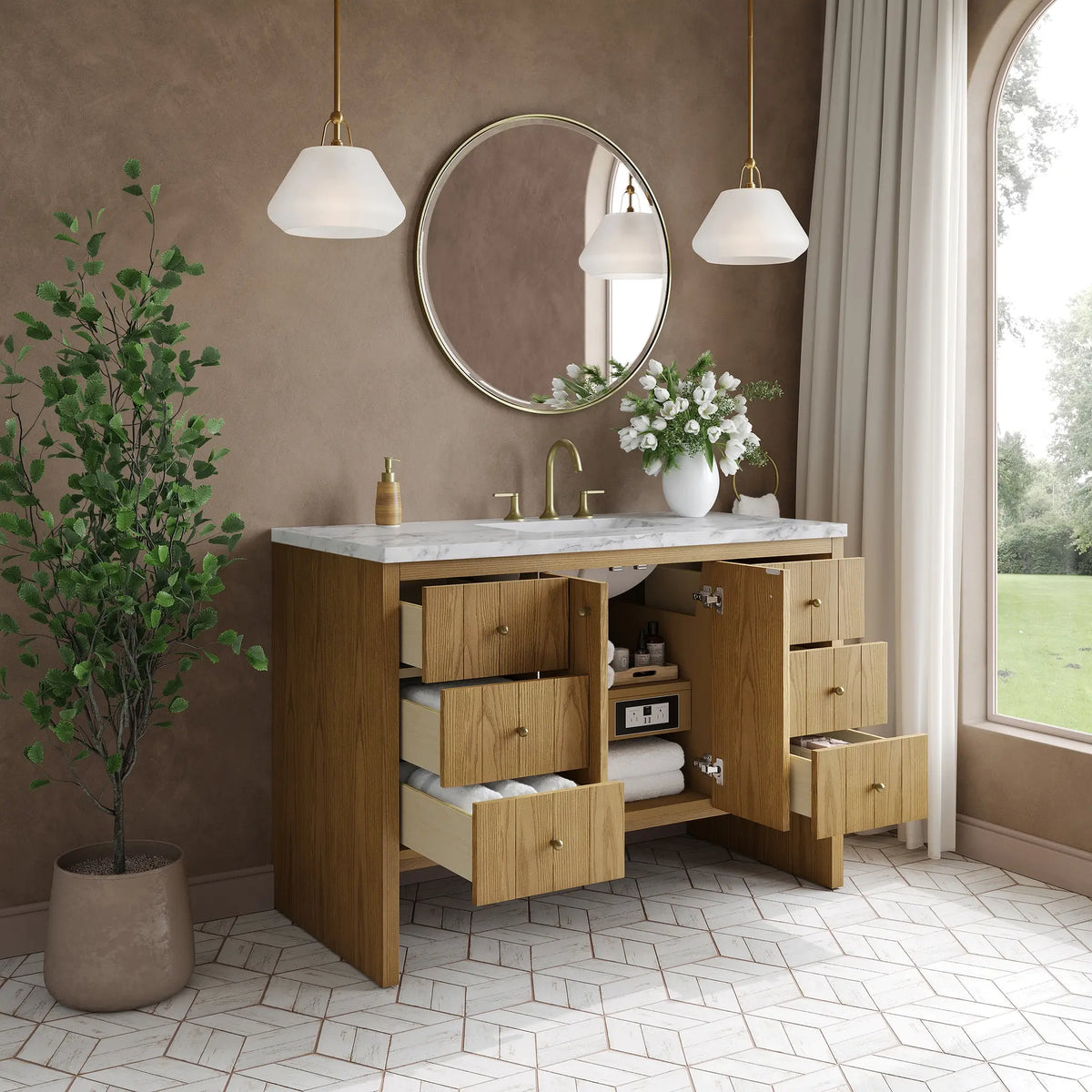 48 Hudson Single Vanity In Light Natural Oak Standard Carrara White Marble 8 Widespread 5