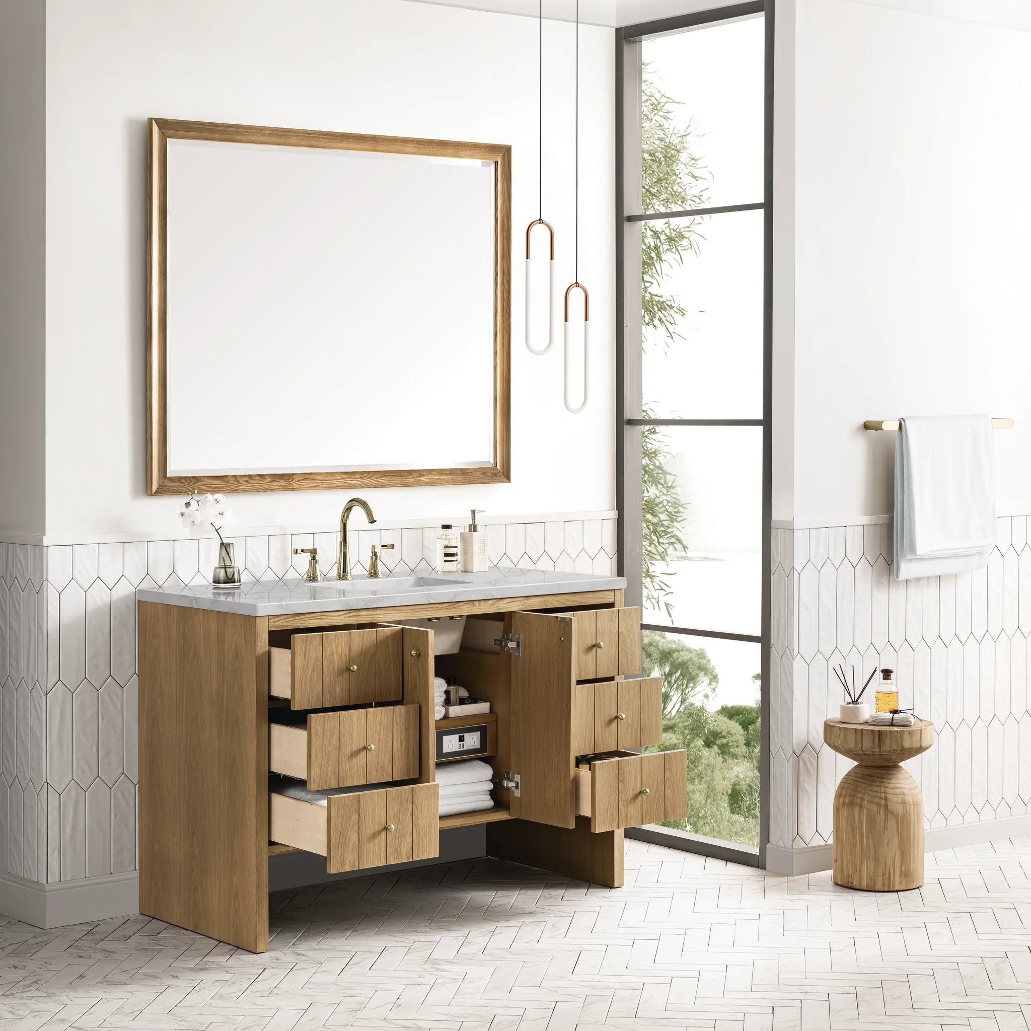 48" Hudson Single Vanity in Light Natural Oak-Victorian Silver Silestone-8" Widespread image 3