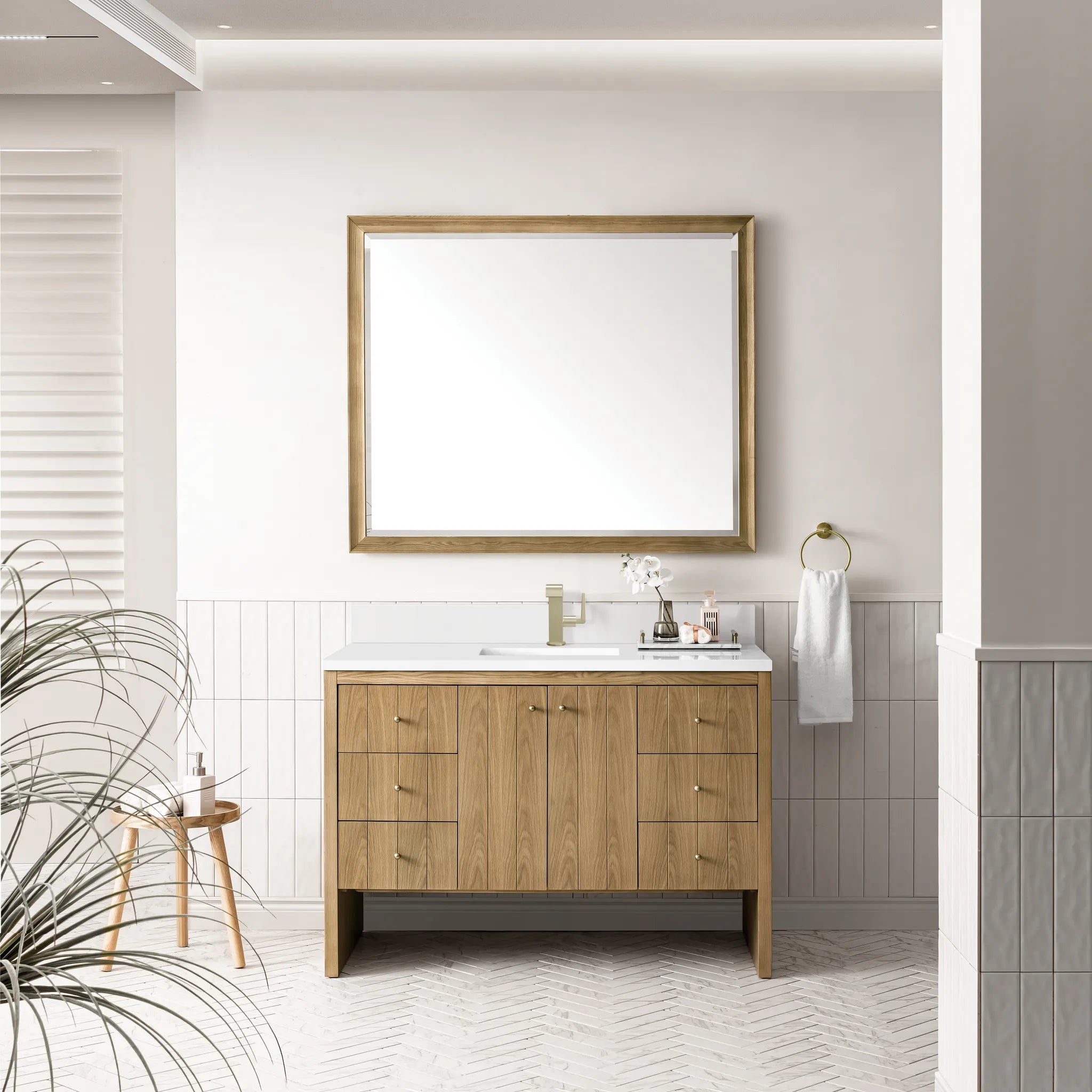 48" Hudson Single Vanity in Light Natural Oak-White Zeus Silestone & Backsplash-Single Hole image 1