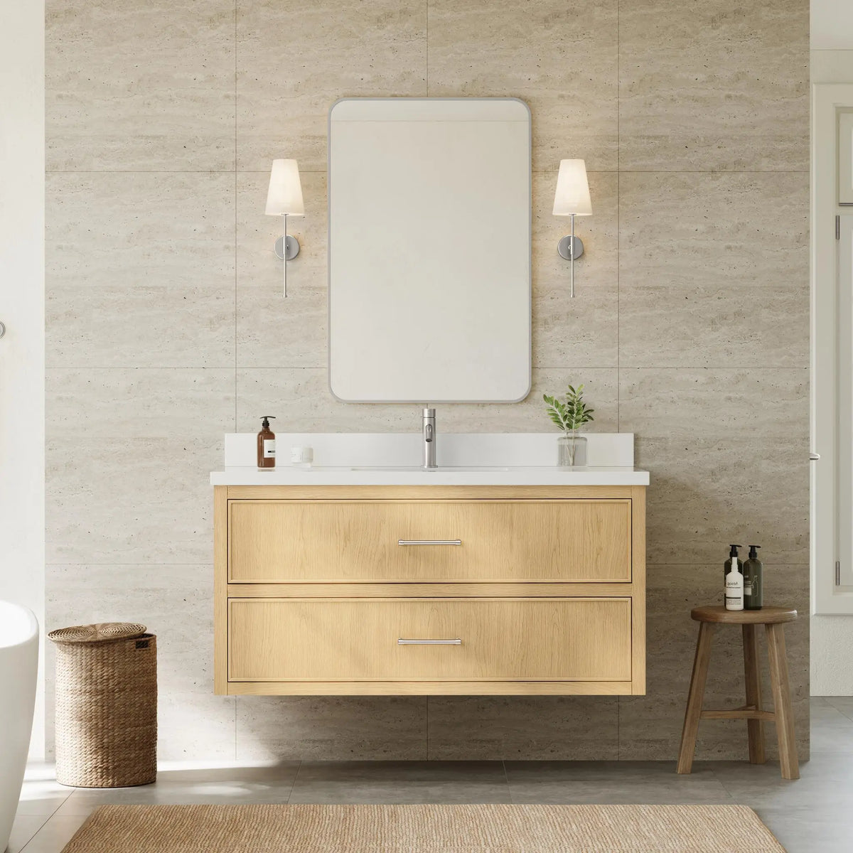 48" Isola Single Wall Mounted Bathroom Vanity Scandinavian Oak Brushed Nickel Trim by wyndham View 10