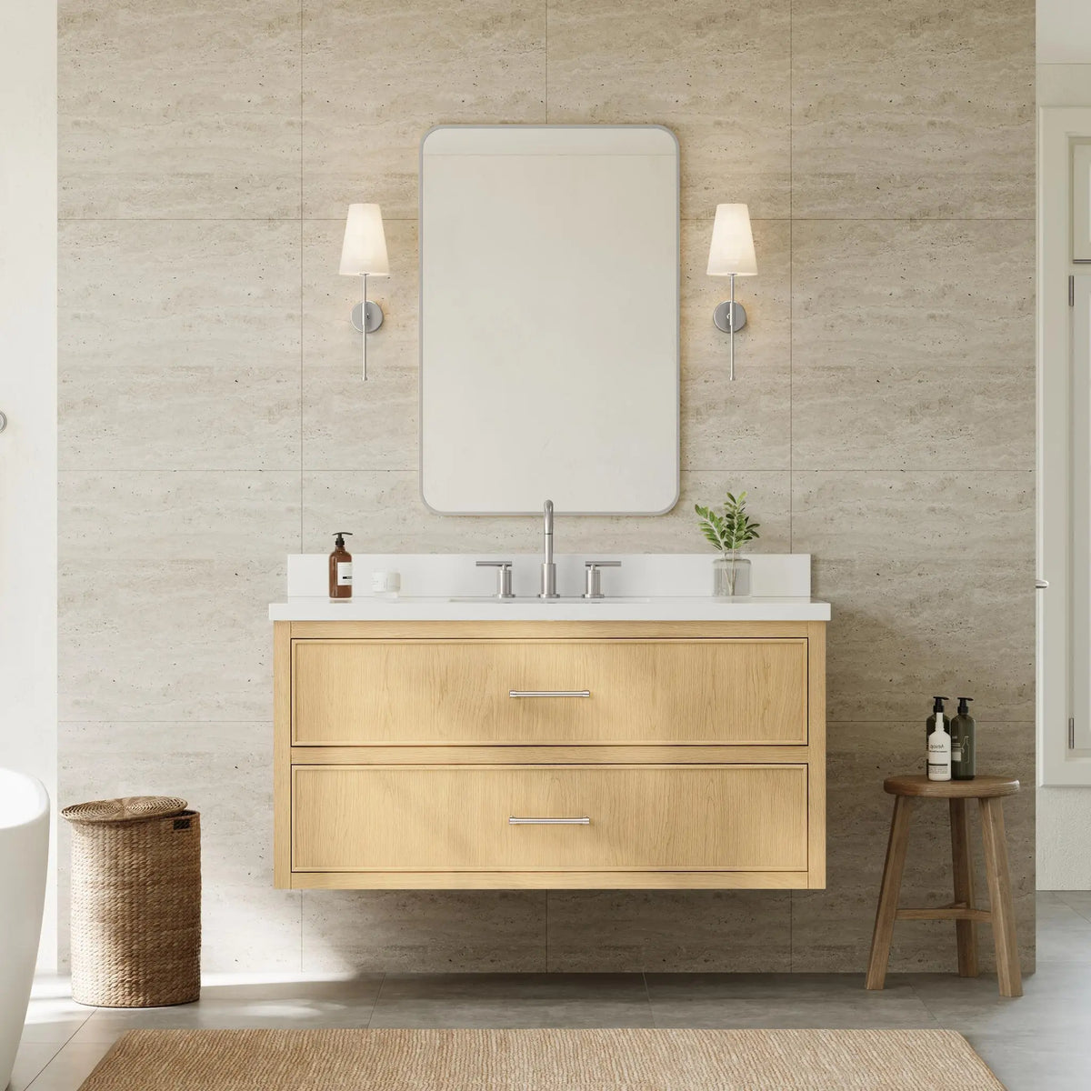 48" Isola Single Wall Mounted Bathroom Vanity Scandinavian Oak Brushed Nickel Trim by wyndham View 14