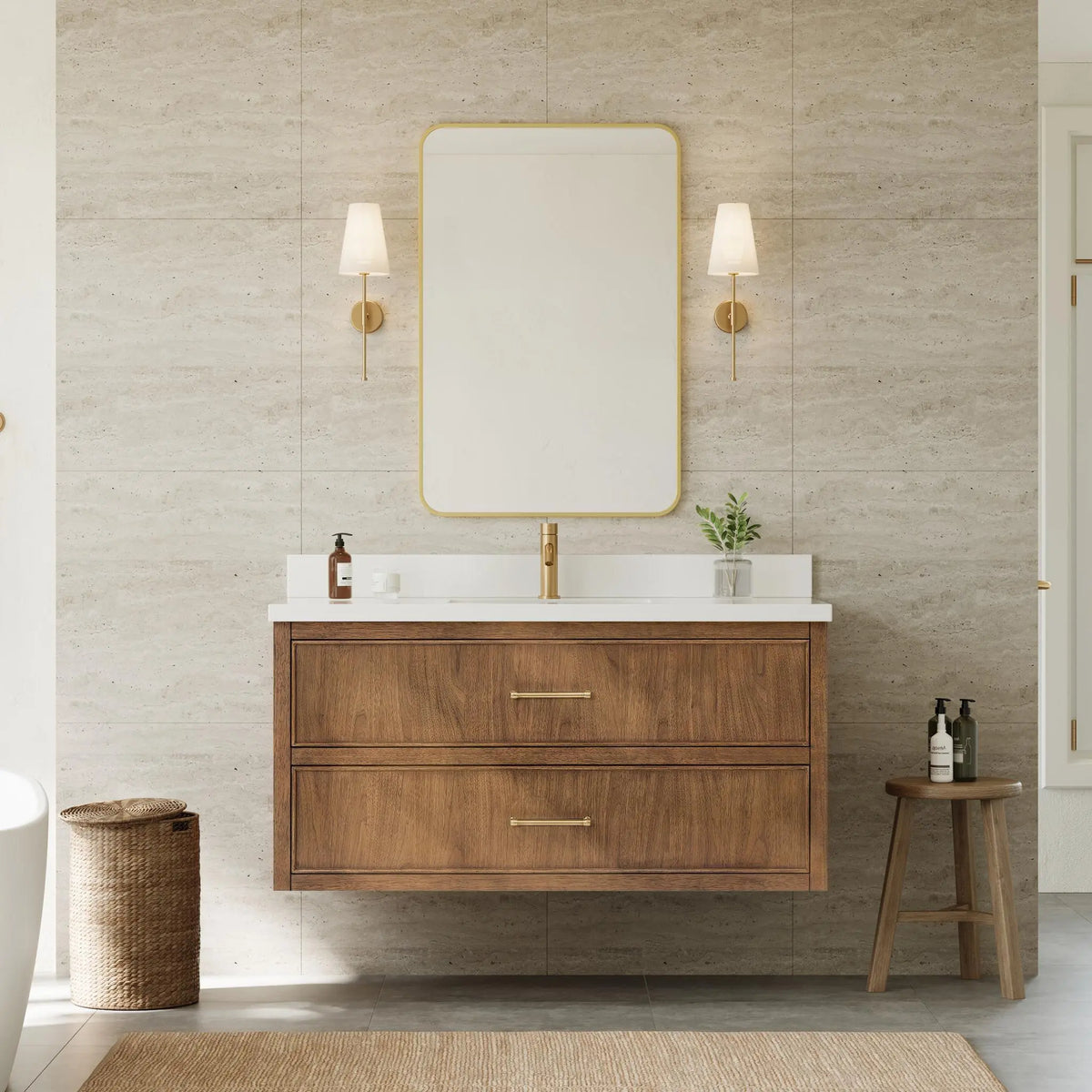 48" Isola Single Wall Mounted Bathroom Vanity Toasted Walnut Satin Bronze Trim by wyndham View 10