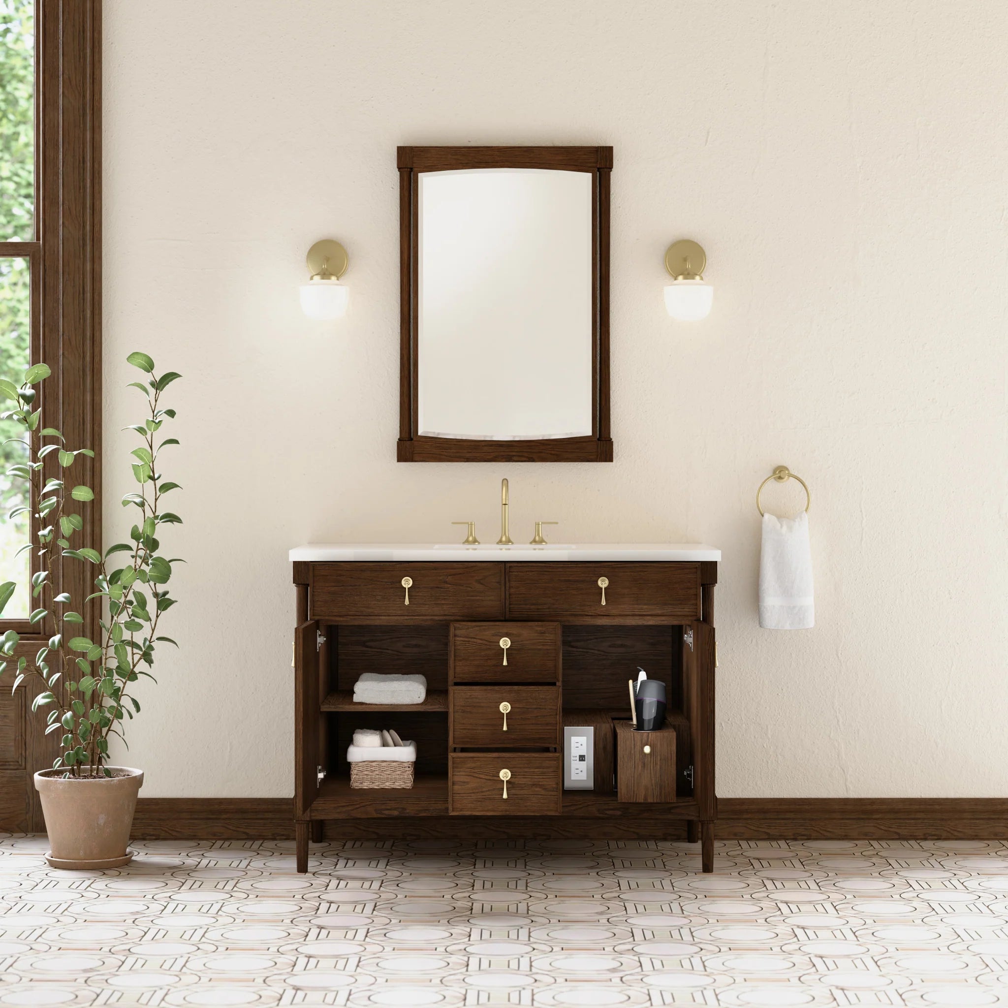 48" Kinnsden Single Vanity in Sable Oak by James Martin Vanities-White Zeus Silestone 7