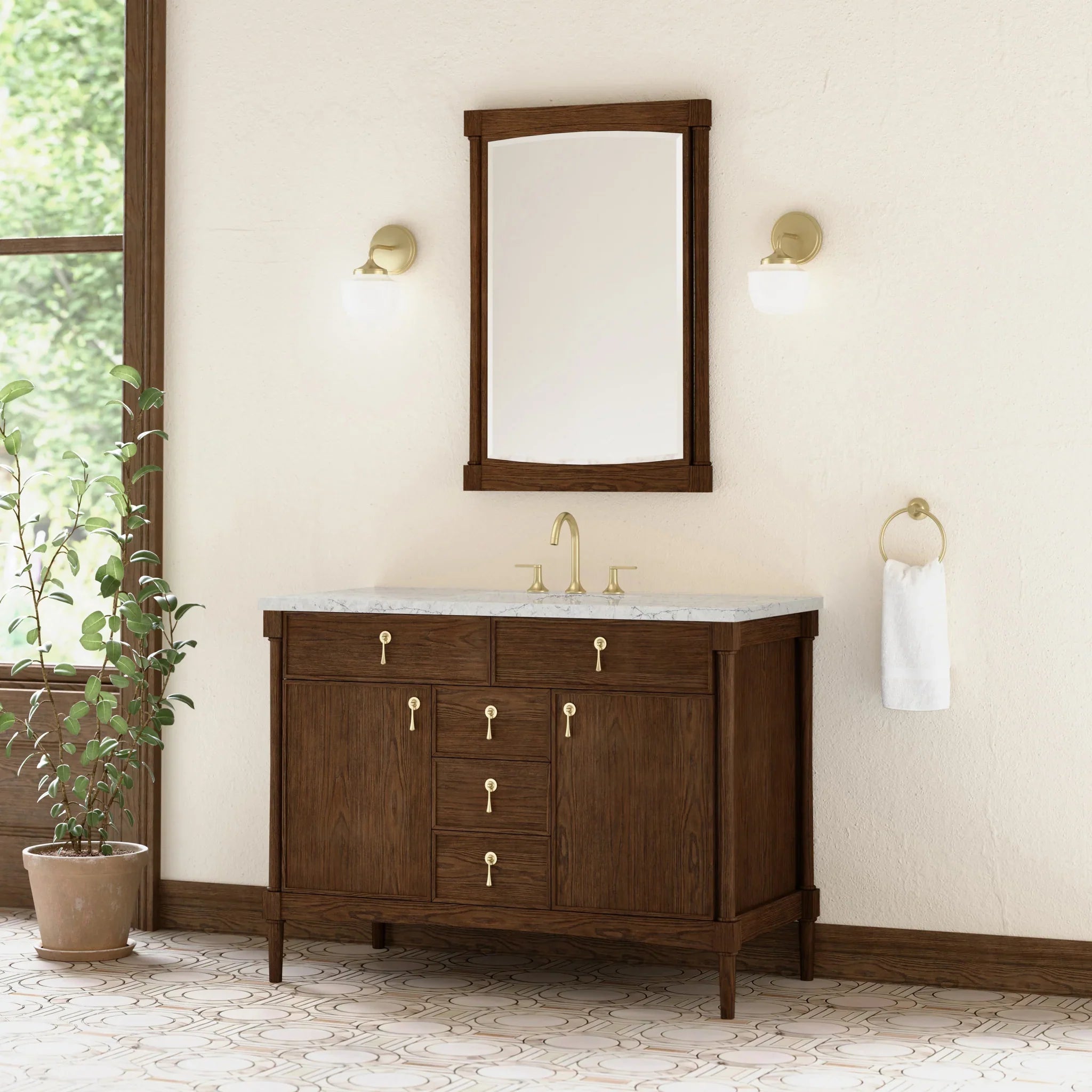 48" Kinnsden Single Vanity in Sable Oak w/FreePower Wireless Charger by James Martin Vanities-Eternal Jasmine Pearl Silestone 2