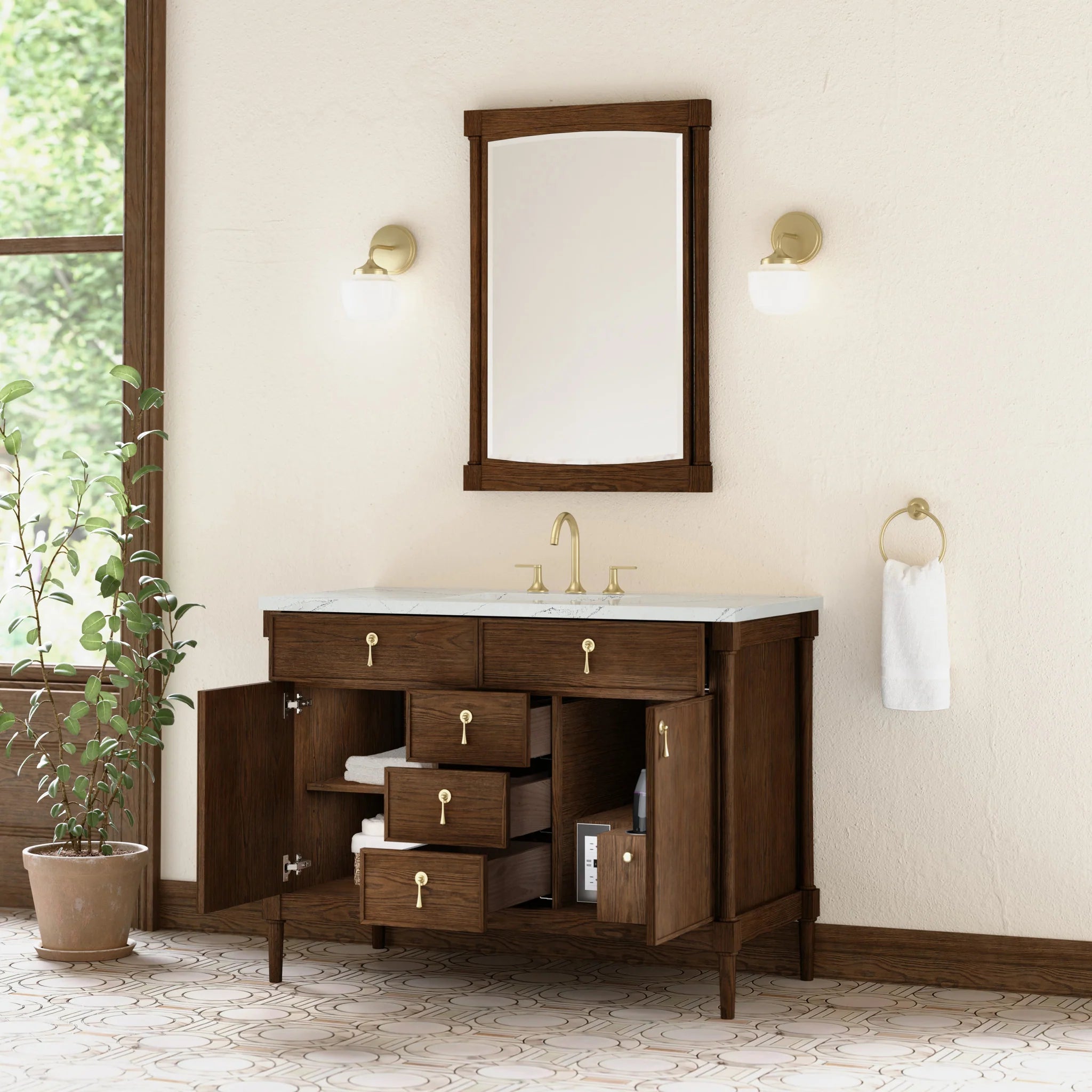 48" Kinnsden Single Vanity in Sable Oak w/FreePower Wireless Charger by James Martin Vanities-Ethereal Noctis Silestone 3